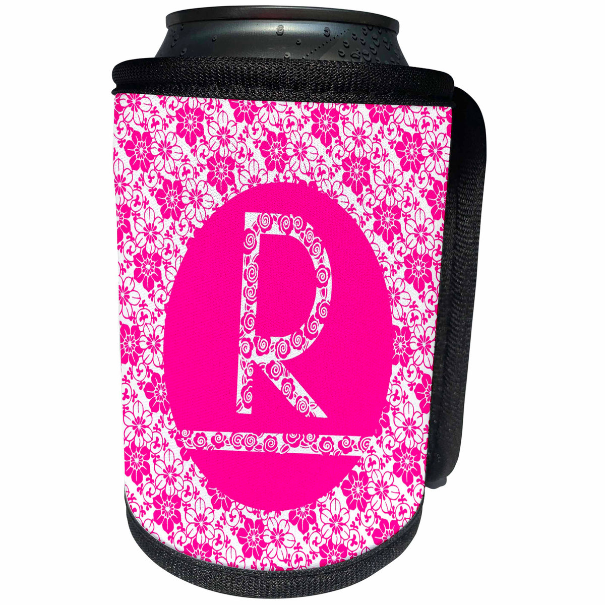 3dRose Russ Billington Monograms - Hoy Pink Girly Floral Monogram Letter R - Can Cooler Bottle Wrap (cc_241351)