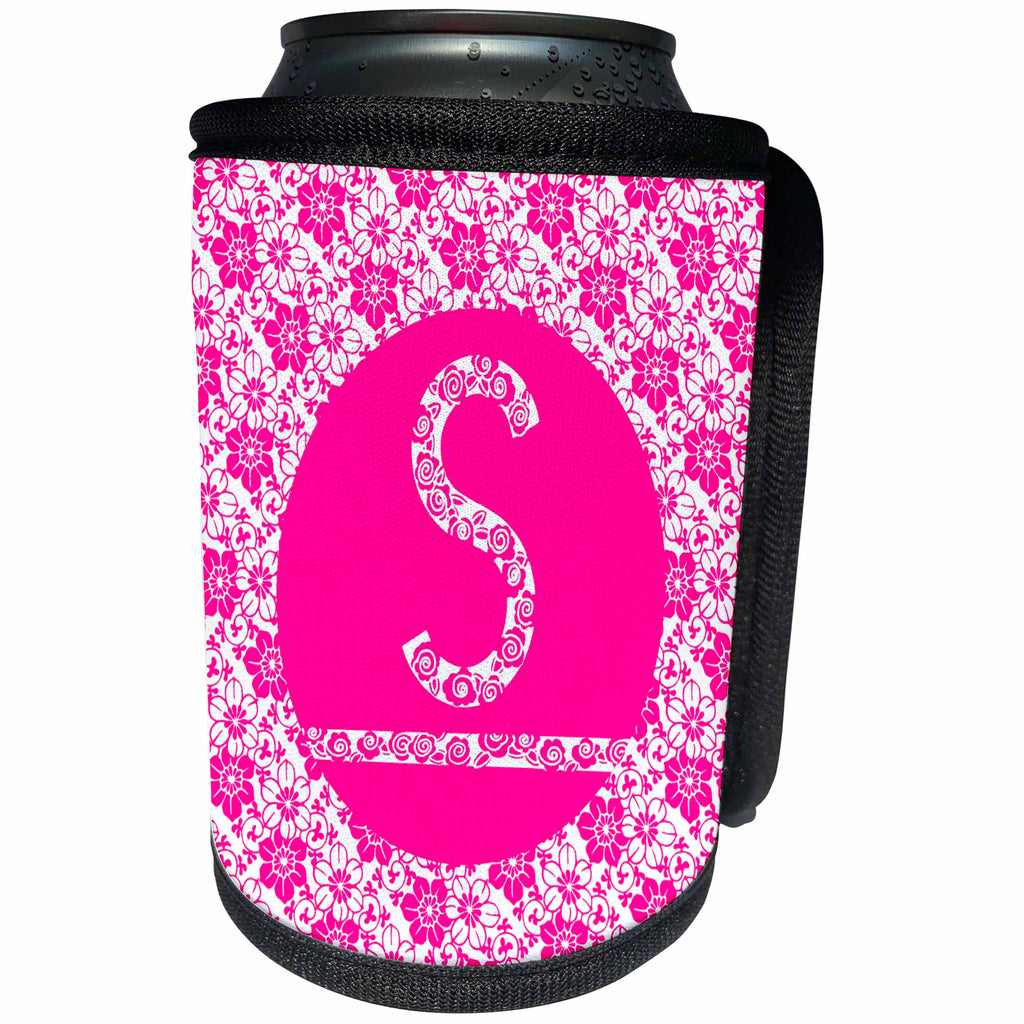 3dRose Russ Billington Monograms - Hoy Pink Girly Floral Monogram Letter S - Can Cooler Bottle Wrap (cc_241352)