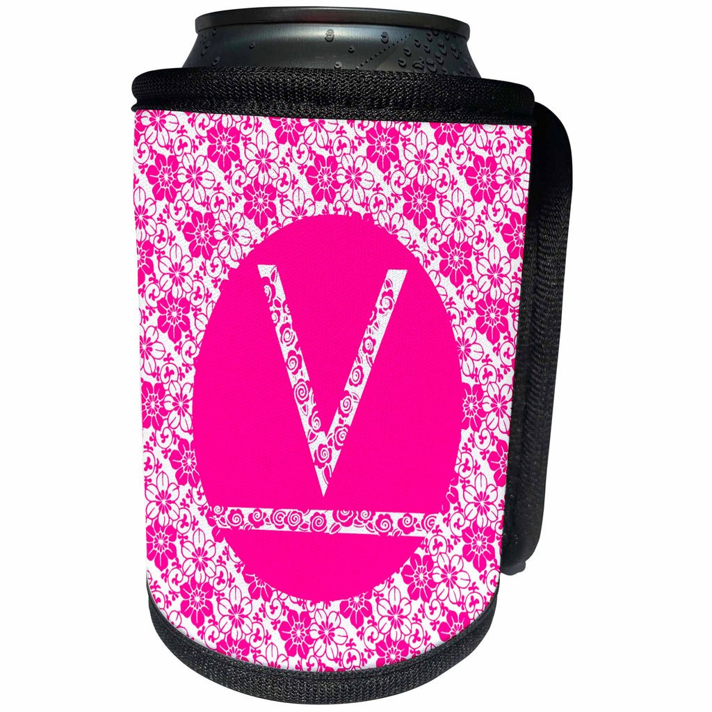 3dRose Russ Billington Monograms - Hoy Pink Girly Floral Monogram Letter V - Can Cooler Bottle Wrap (cc_241355)