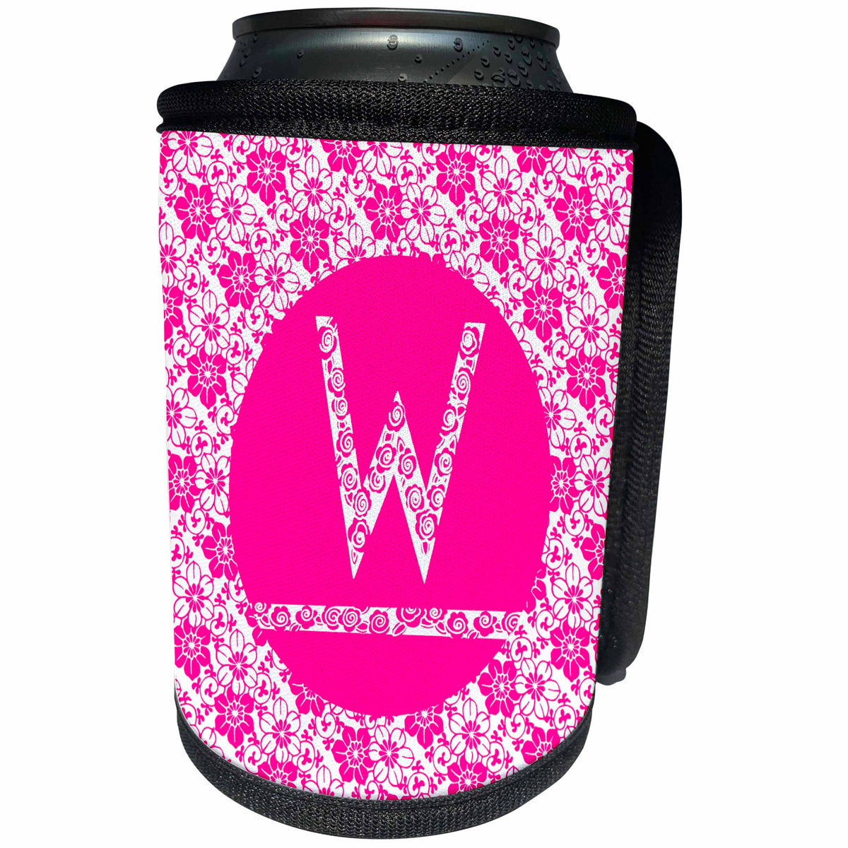 3dRose Russ Billington Monograms - Hoy Pink Girly Floral Monogram Letter W - Can Cooler Bottle Wrap (cc_241356)