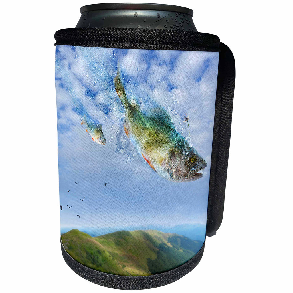 3dRose Houk Digital Surreal Art - Flying fishes unexpected arrival - Can Cooler Bottle Wrap (cc_24247)