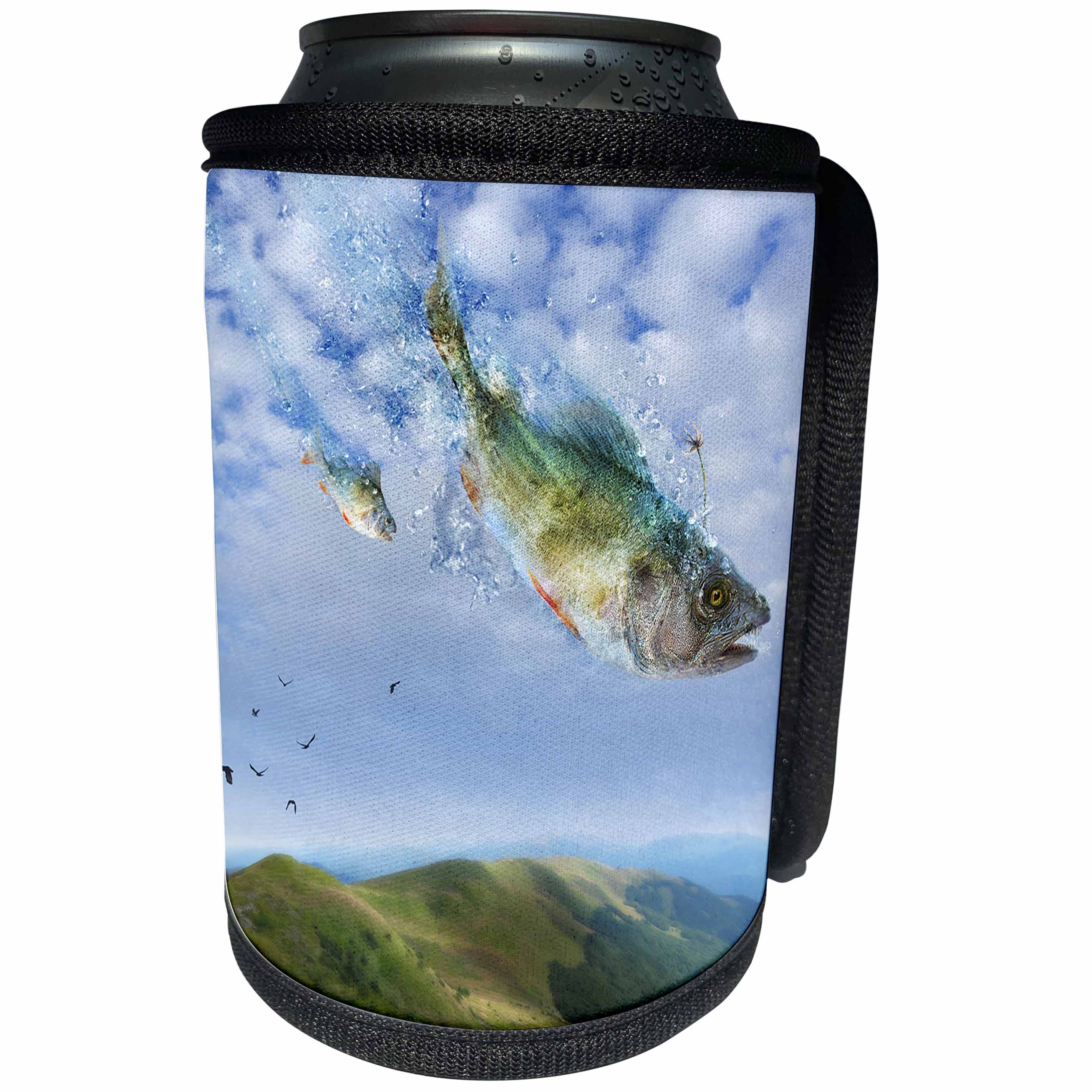 3dRose Houk Digital Surreal Art - Flying fishes unexpected arrival - Can Cooler Bottle Wrap (cc_24247)