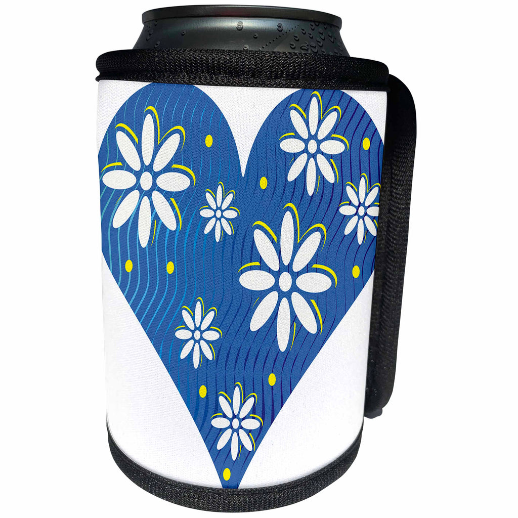 3dRose Houk Digital Design Celebration - Blue Heart full of white flowers Vibrant unique n modern design - Can Cooler Bottle Wrap (cc_24278)