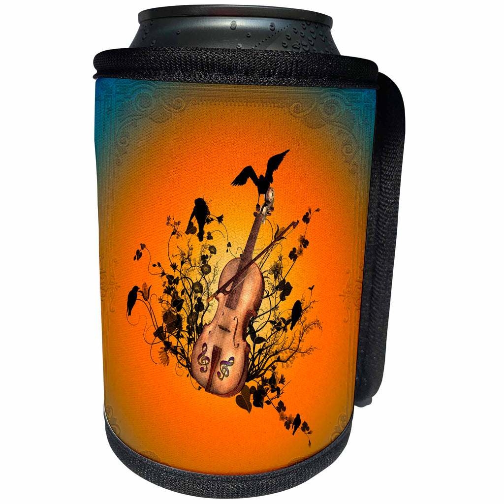 3dRose Heike Köhnen Design Music - Violin with violin bow and flowers with birds - Can Cooler Bottle Wrap (cc_243083)