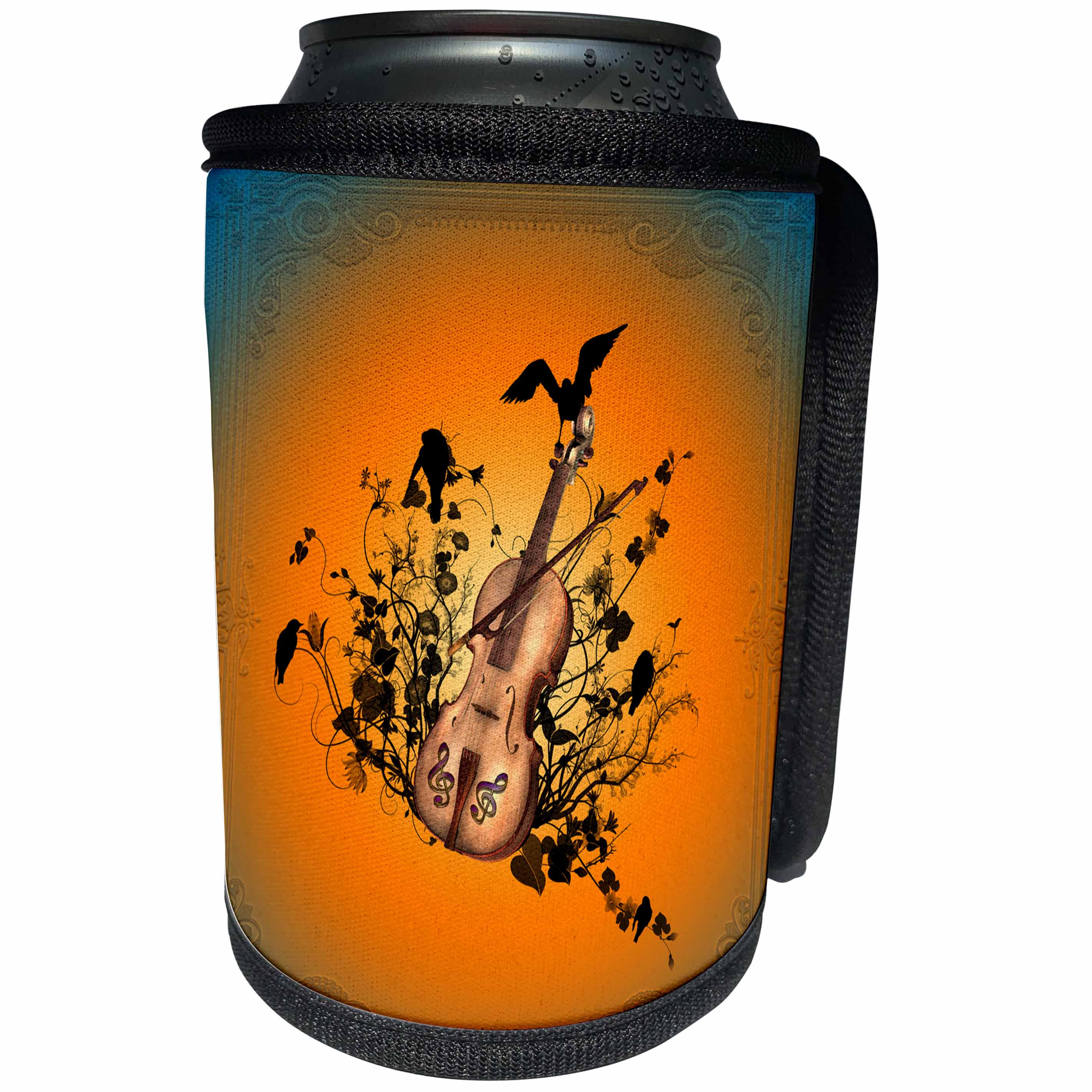 3dRose Heike Köhnen Design Music - Violin with violin bow and flowers with birds - Can Cooler Bottle Wrap (cc_243083)