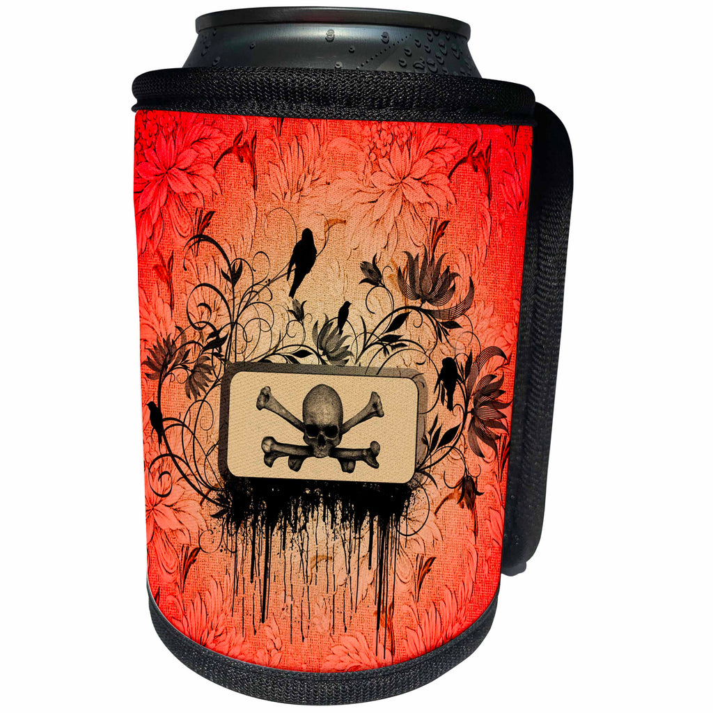 3dRose Heike Köhnen Design Skull - Skull with flowers and birds on red background - Can Cooler Bottle Wrap (cc_243086)