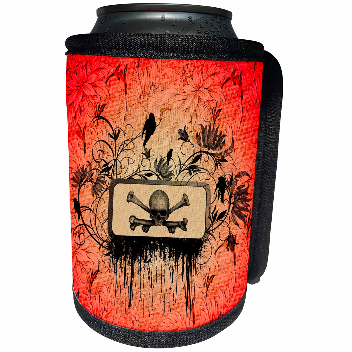 3dRose Heike Köhnen Design Skull - Skull with flowers and birds on red background - Can Cooler Bottle Wrap (cc_243086)