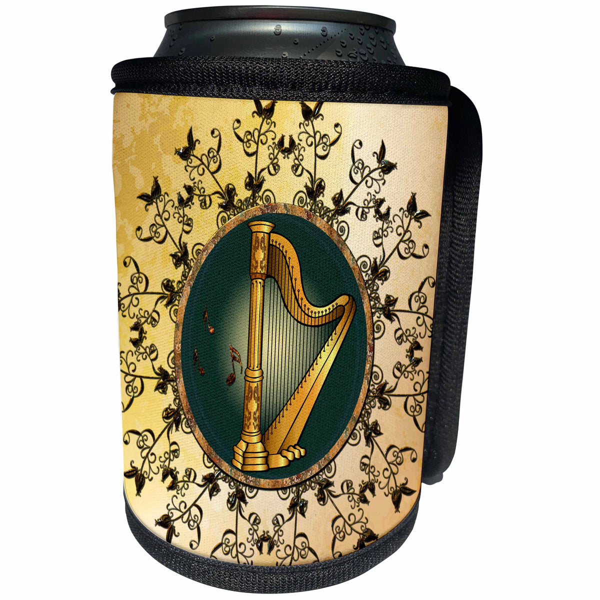 3dRose Heike Köhnen Design Music - Wonderful golden harp with key notes and flowers - Can Cooler Bottle Wrap (cc_243088)