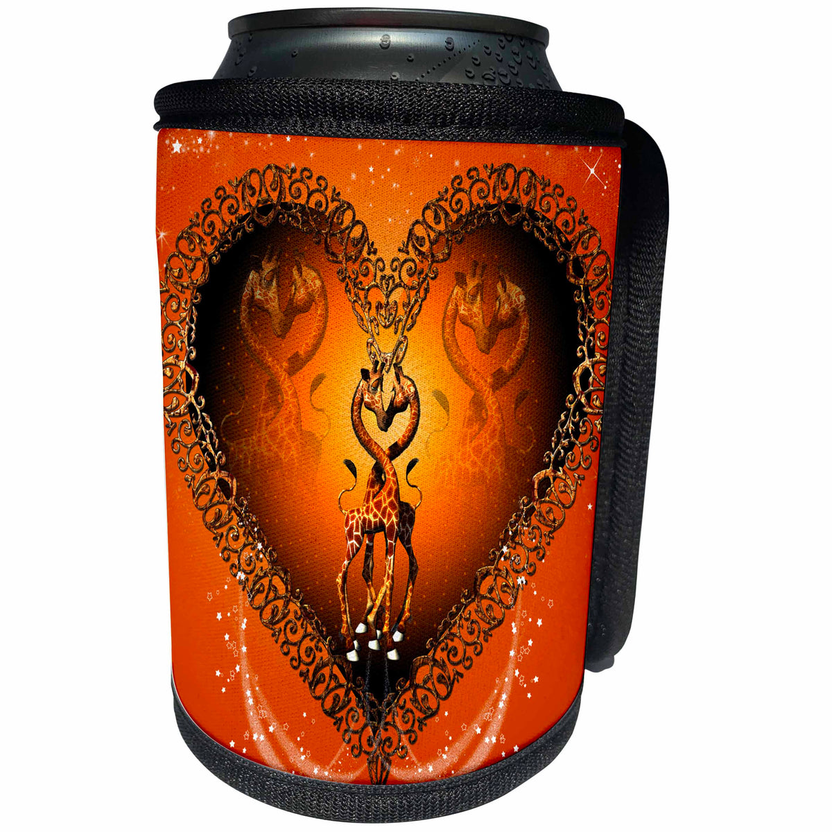 3dRose Heike Köhnen Design Animal Giraffe Cartoon - Cute giraffes on a heart with stars - Can Cooler Bottle Wrap (cc_243092)