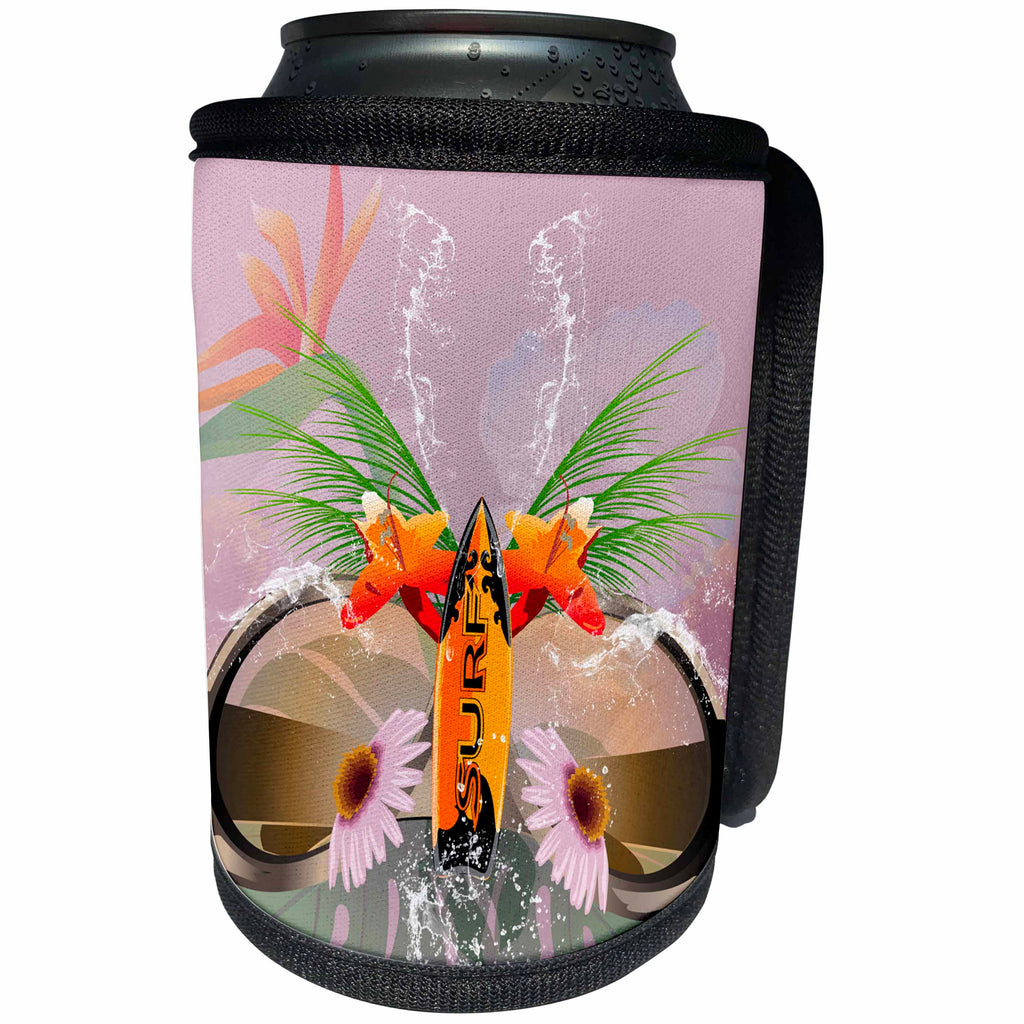 3dRose Heike Köhnen Design Sport Surfing - Summer design with surfboard, sunglasses and flowers - Can Cooler Bottle Wrap (cc_243115)