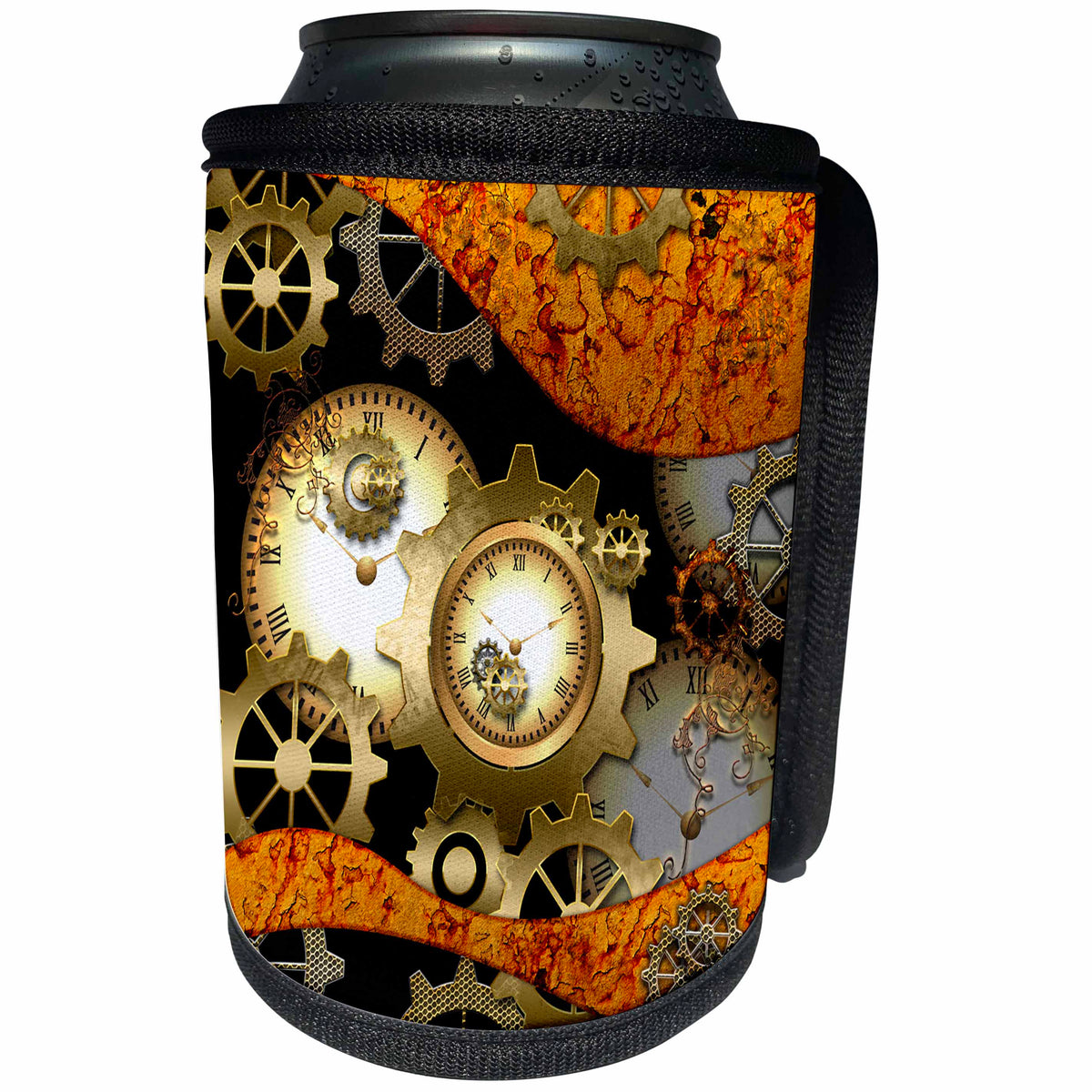 3dRose Heike Köhnen Design Steampunk - steampunk, clocks and gears in golden colors - Can Cooler Bottle Wrap (cc_243116)
