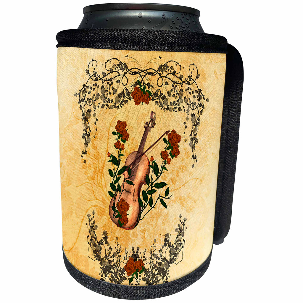 3dRose Heike Köhnen Design Music - Music violin with violin bow and wonderful roses - Can Cooler Bottle Wrap (cc_243122)