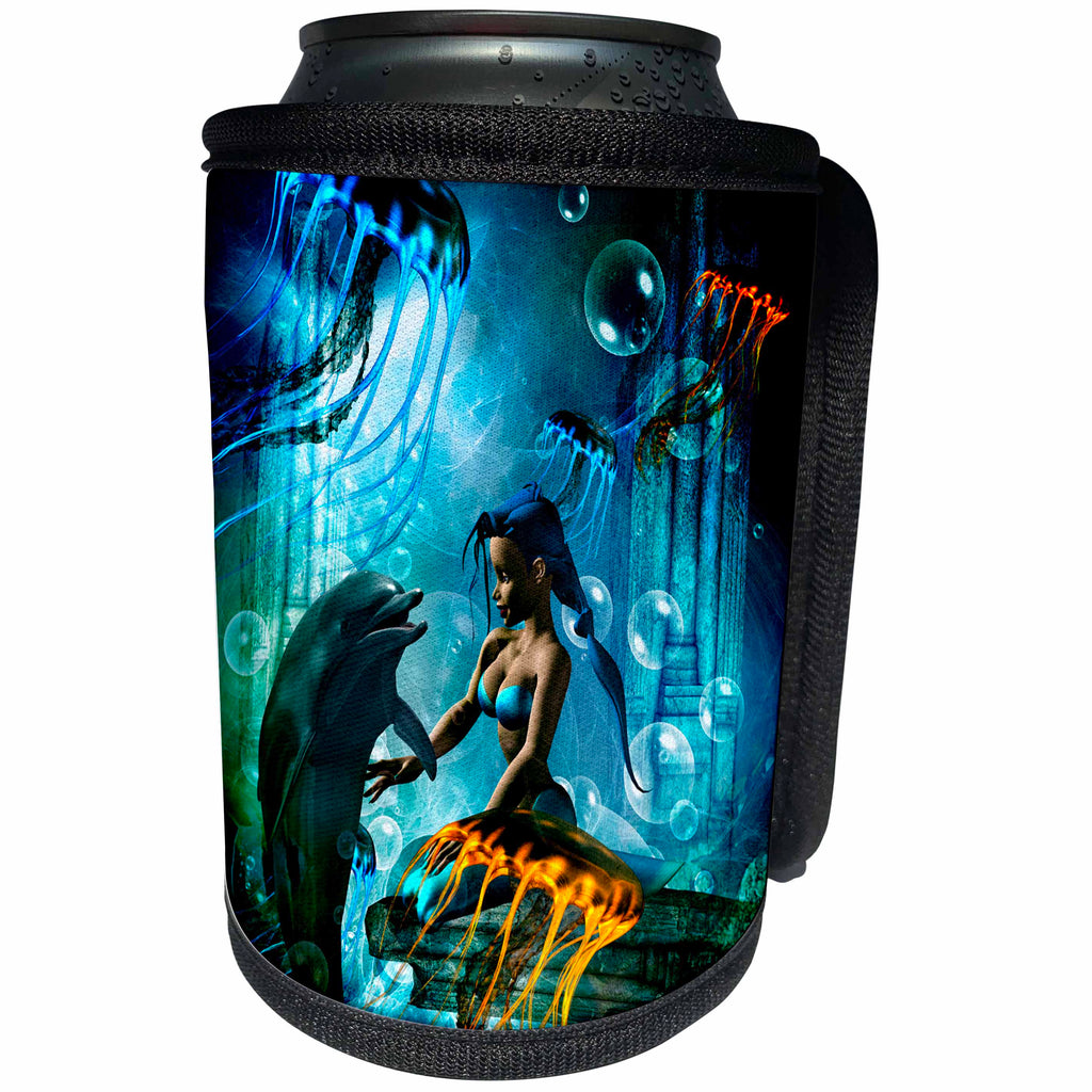 3dRose Heike Köhnen Design Sea Life - Wonderful dolphin with cute mermaid and jellyfish - Can Cooler Bottle Wrap (cc_243128)