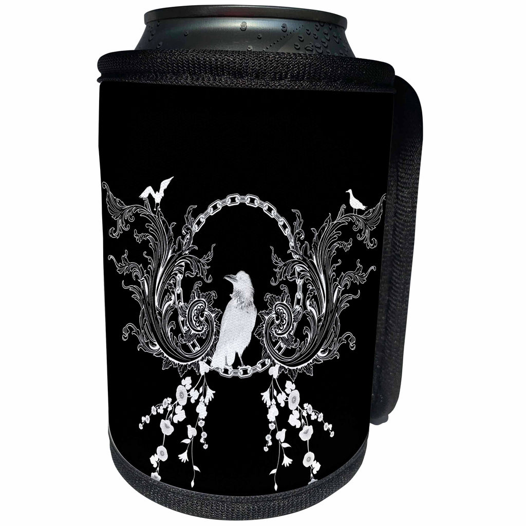 3dRose Heike Köhnen Design Animal - Crow and flowers in black and white - Can Cooler Bottle Wrap (cc_243136)