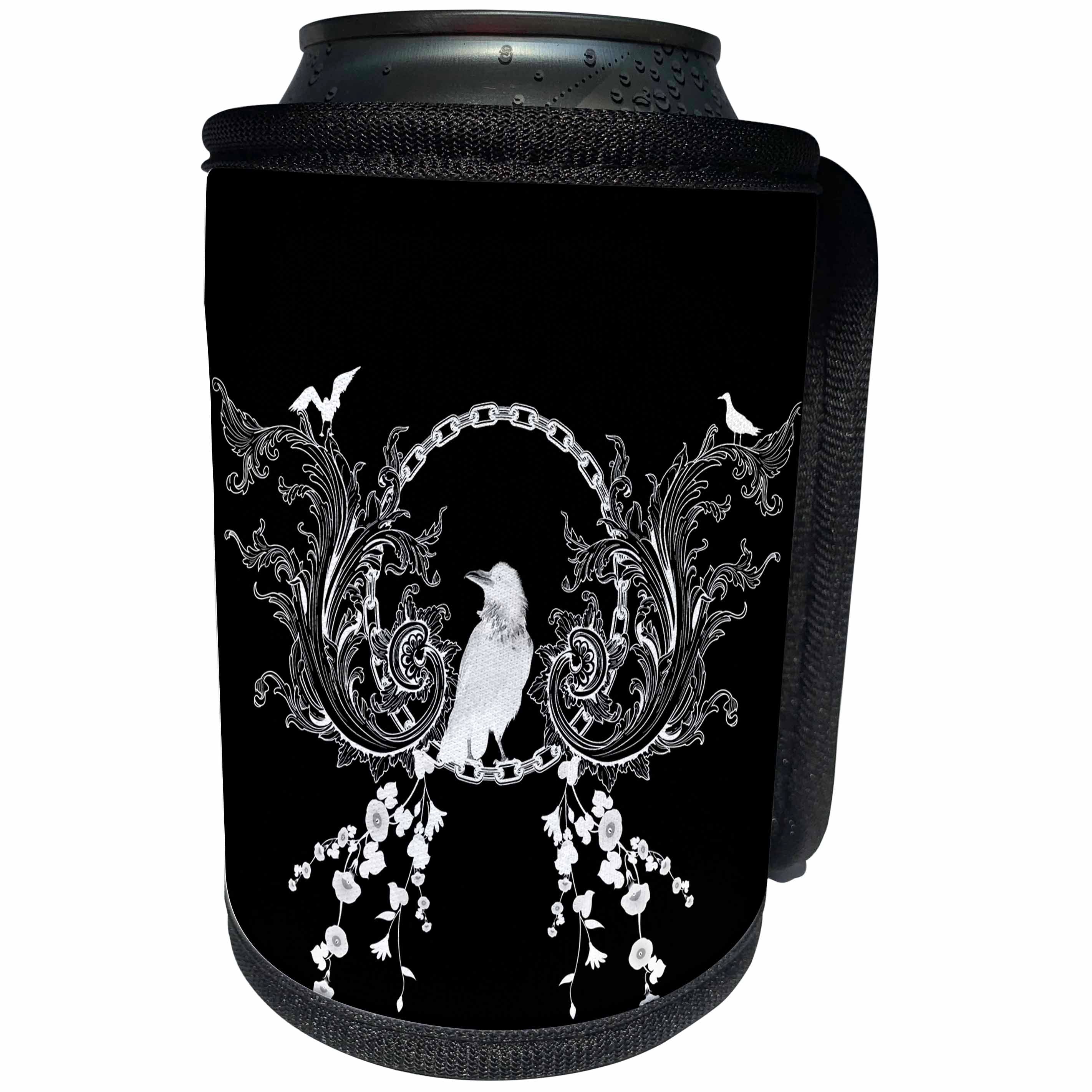 3dRose Heike Köhnen Design Animal - Crow and flowers in black and white - Can Cooler Bottle Wrap (cc_243136)