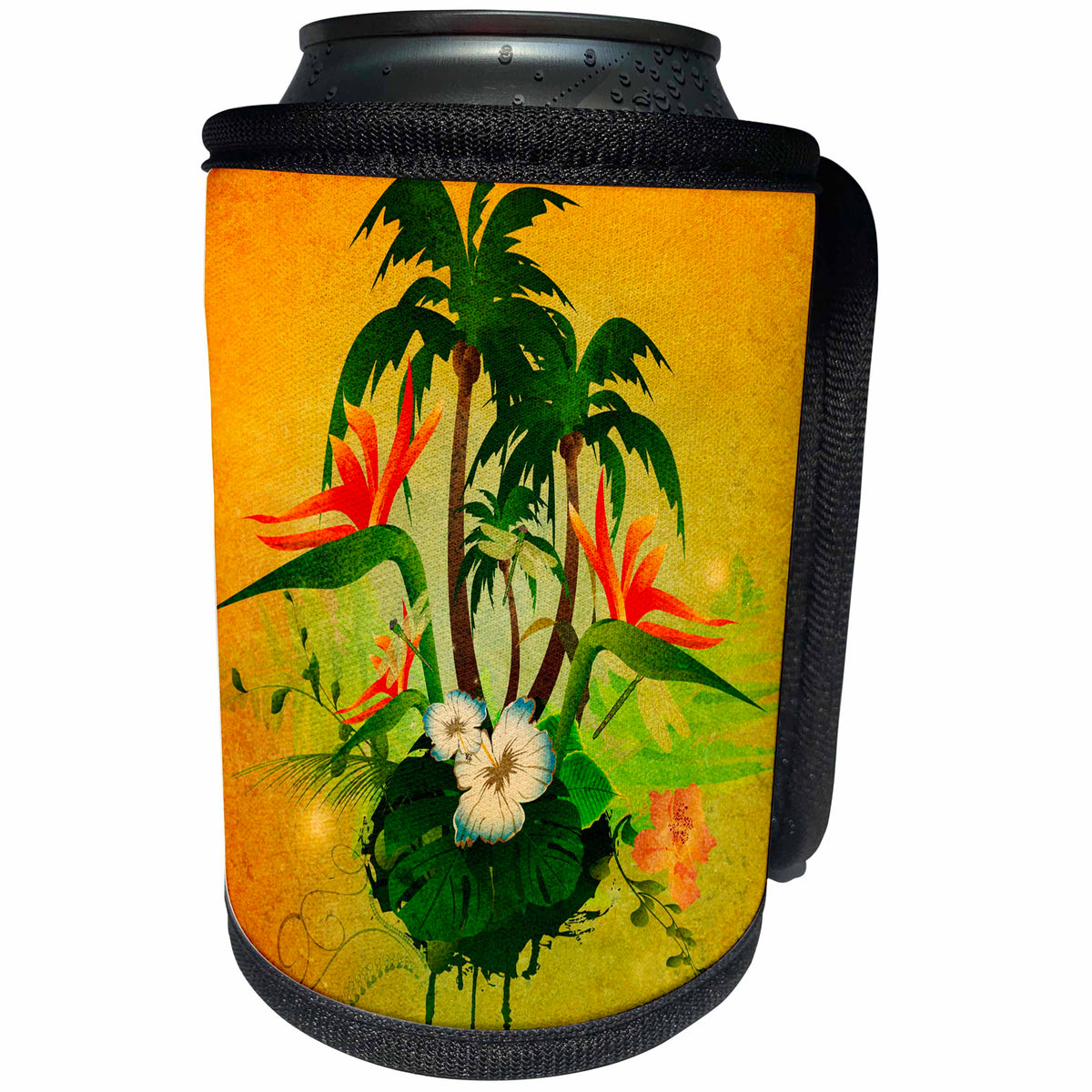3dRose Heike Köhnen Design Nature Flowers - Tropical design with flowers and palm trees - Can Cooler Bottle Wrap (cc_243144)