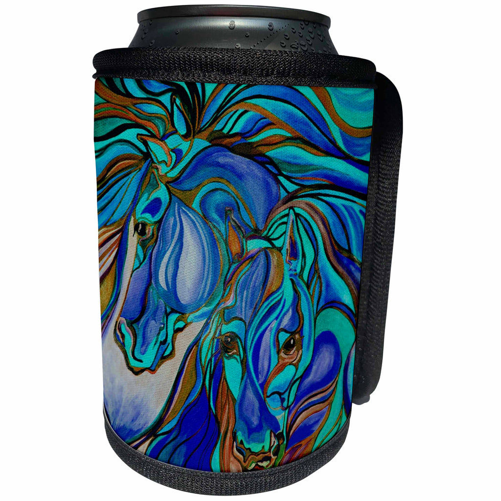 3dRose Taiche - Acrylic Painting - Horses - Wild Horses In Brown and Teal - Can Cooler Bottle Wrap (cc_243159)