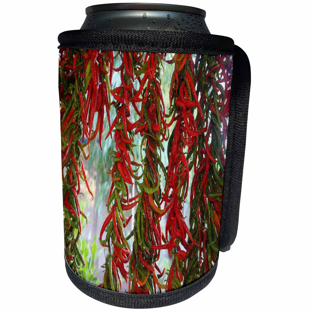 3dRose Taiche - Photography - Peppers - Strung and Hanging Red and Green Chili Peppers Drying - Can Cooler Bottle Wrap (cc_243165)