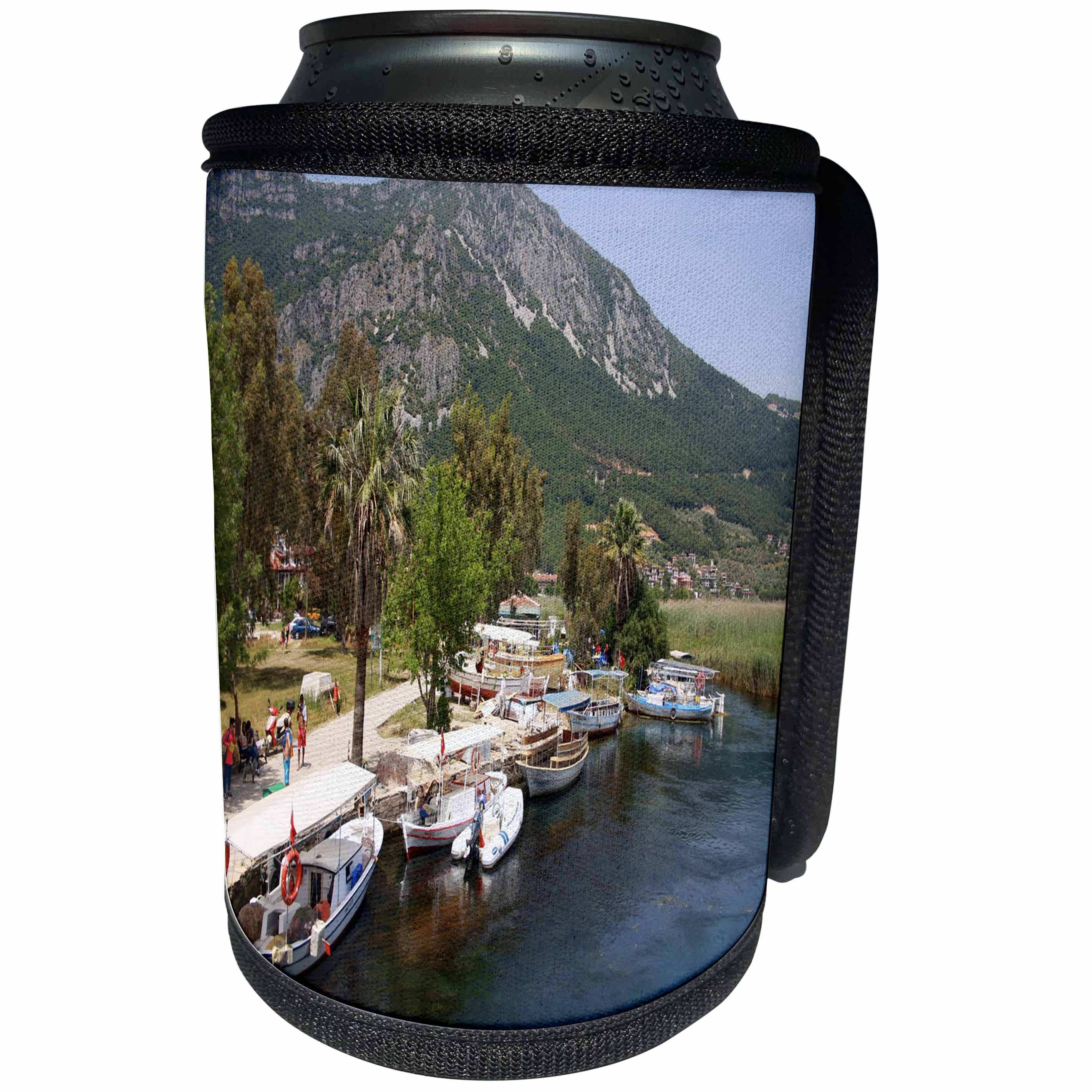 3dRose Taiche - Photography - Fishing Boats - Fishing Boats on The River Azmak Akyaka Turkey - Can Cooler Bottle Wrap (cc_243220)