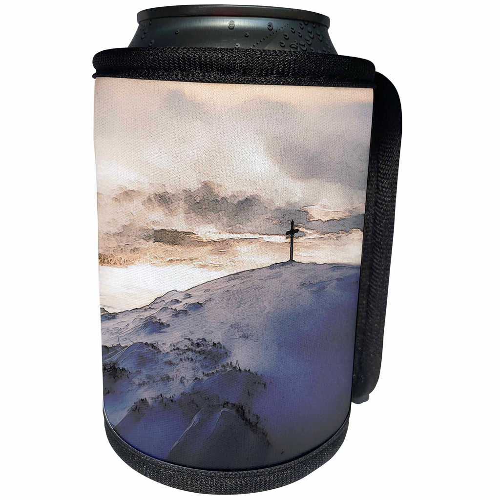 3dRose Phil Perkins - Religion - Christian Cross On Mountain - snow covered mountain range and cross - Can Cooler Bottle Wrap (cc_243442)