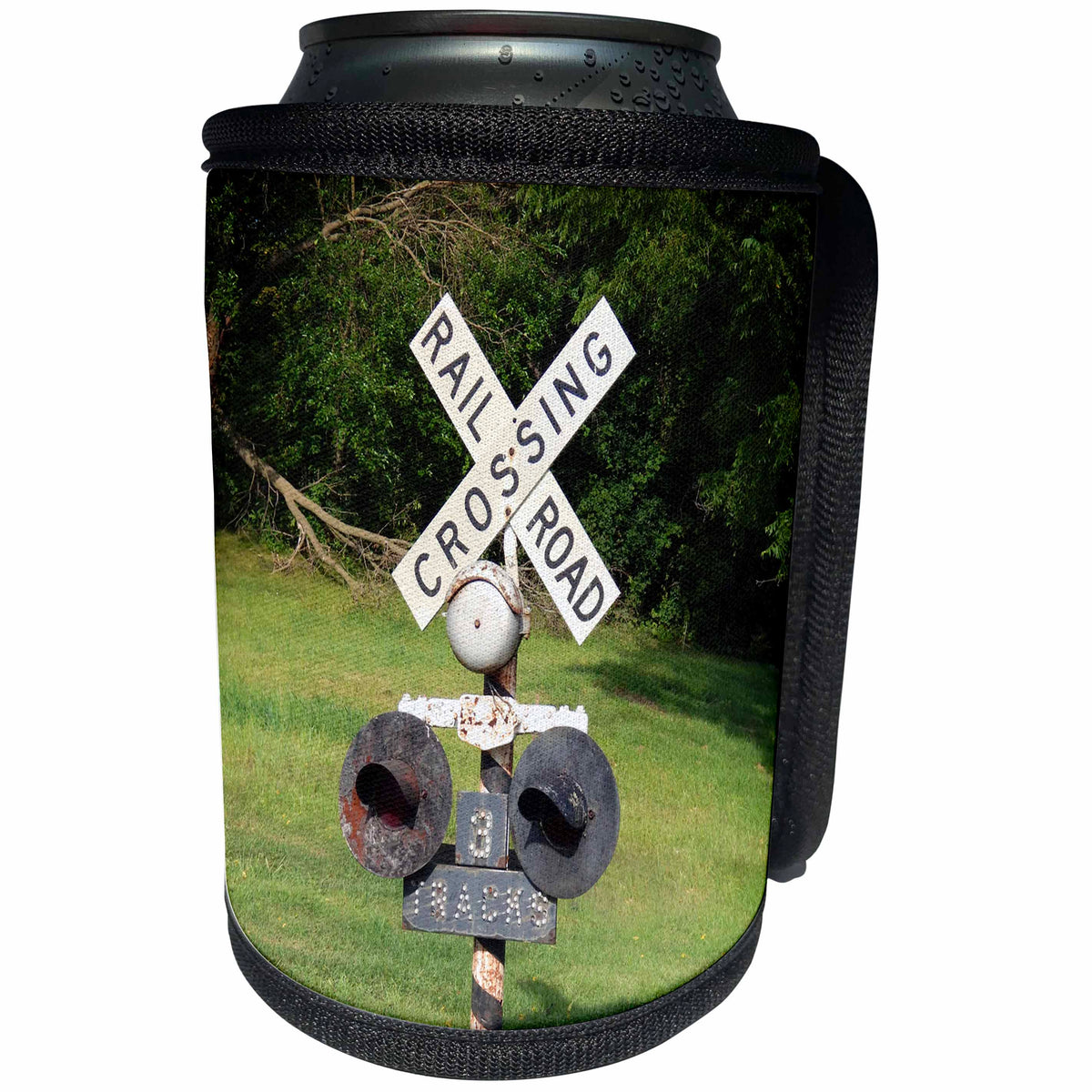 3dRose Phil Perkins - Photography - Vintage Railroad Crossing Sign - old school photograph of railroad sign - Can Cooler Bottle Wrap (cc_243453)