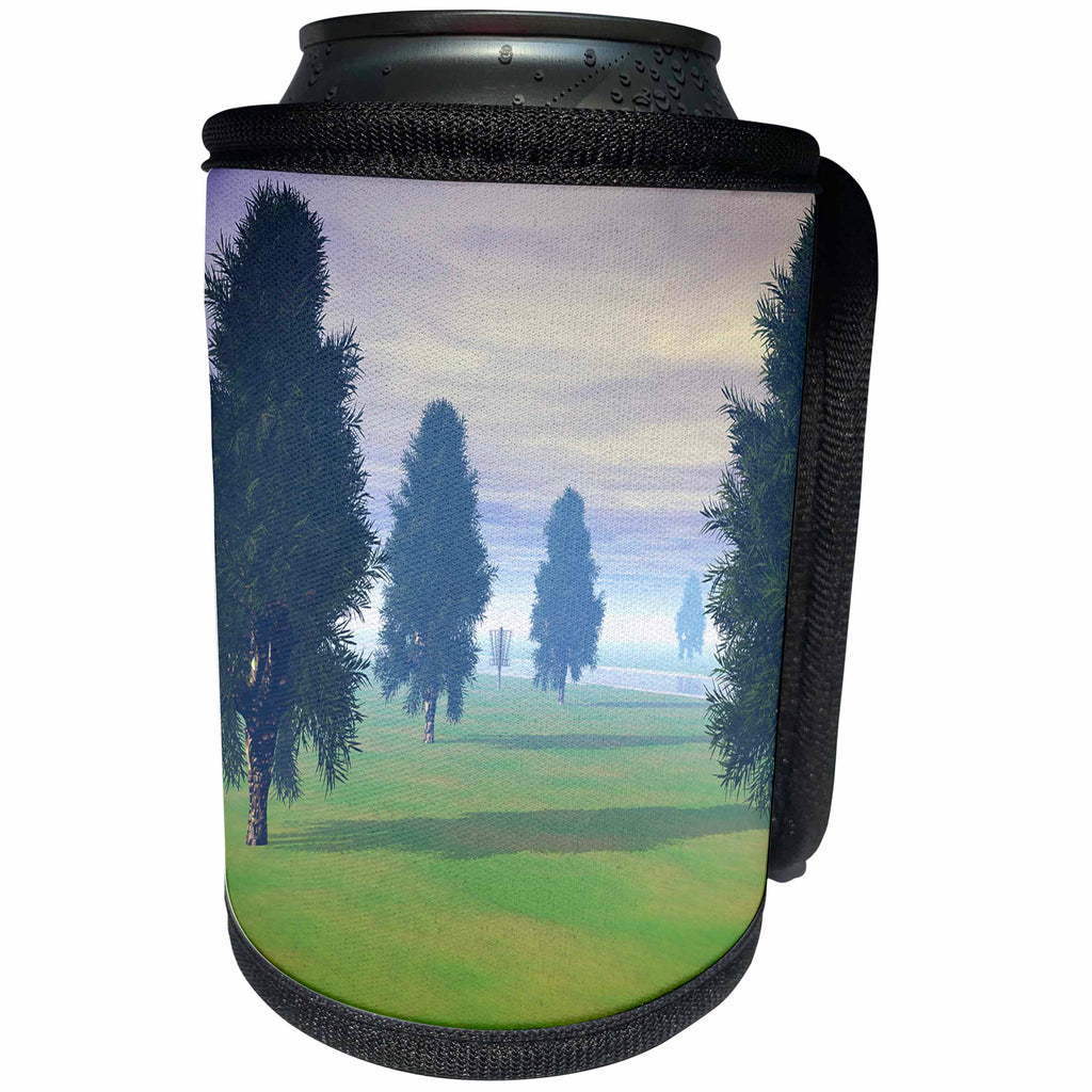 3dRose Phil Perkins - Disc Golf - Fairway To Seven - distant disc golf basket in trees on seventh fairway - Can Cooler Bottle Wrap (cc_243468)