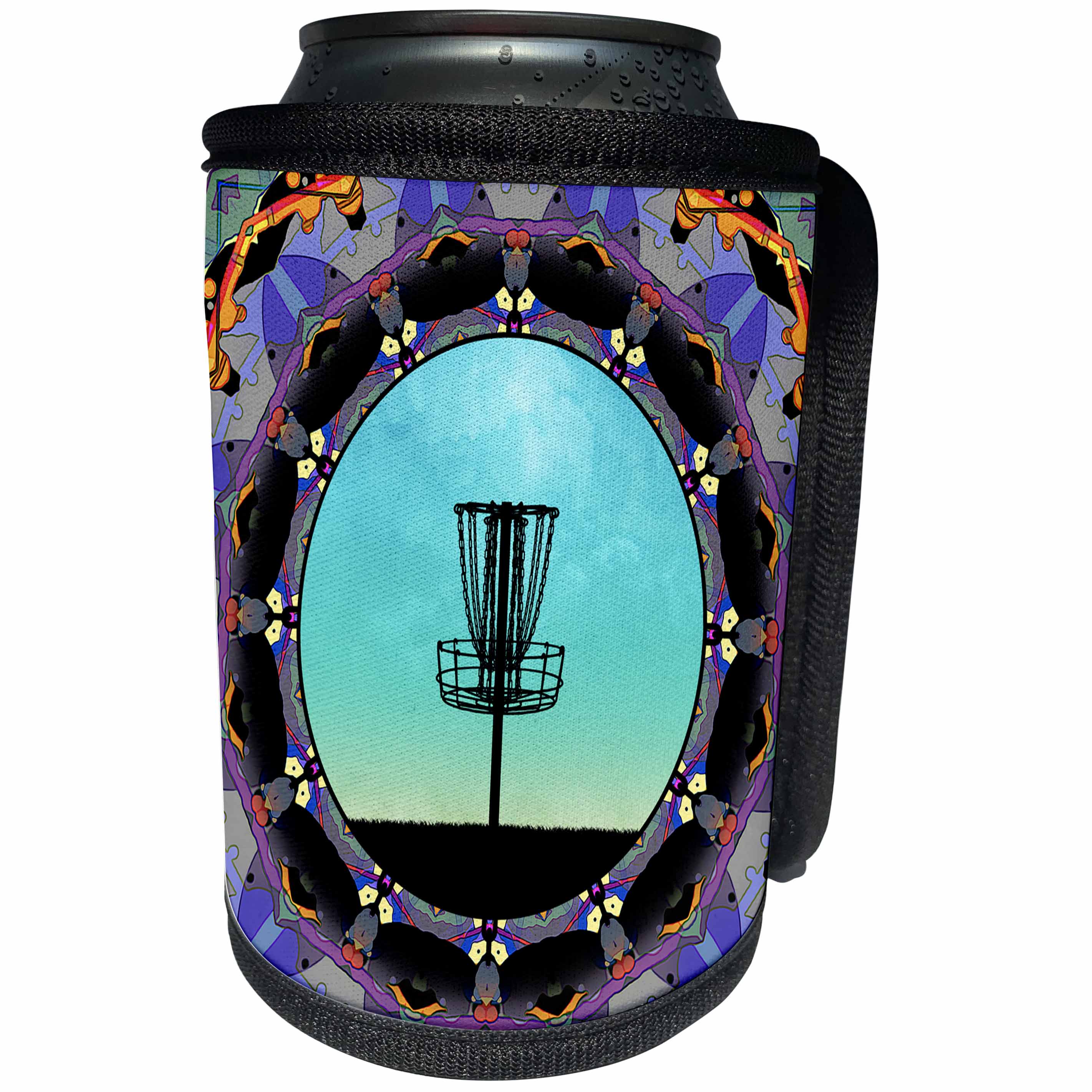 3dRose Phil Perkins - Disc Golf - Disc Golf Abstract Basket - colorful mandala disc golf graphic design - Can Cooler Bottle Wrap (cc_243470)