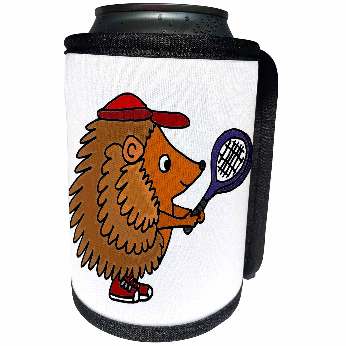 3dRose All Smiles Art Sports and Hobbies - Funny Cute Hedgehog Playing Tennis - Can Cooler Bottle Wrap (cc_243480)