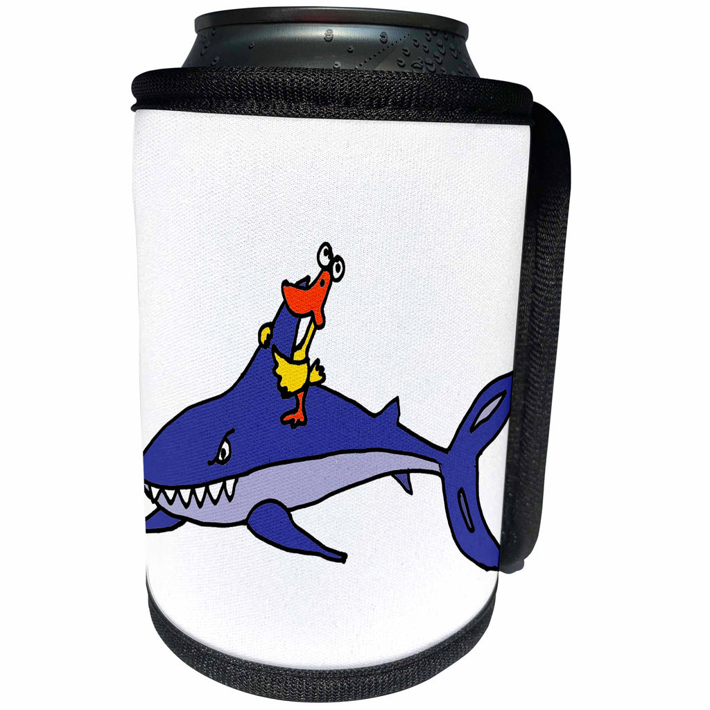 3dRose All Smiles Art at the Beach - Funny Yellow Duck Riding on Shark Beach Cartoon - Can Cooler Bottle Wrap (cc_243481)
