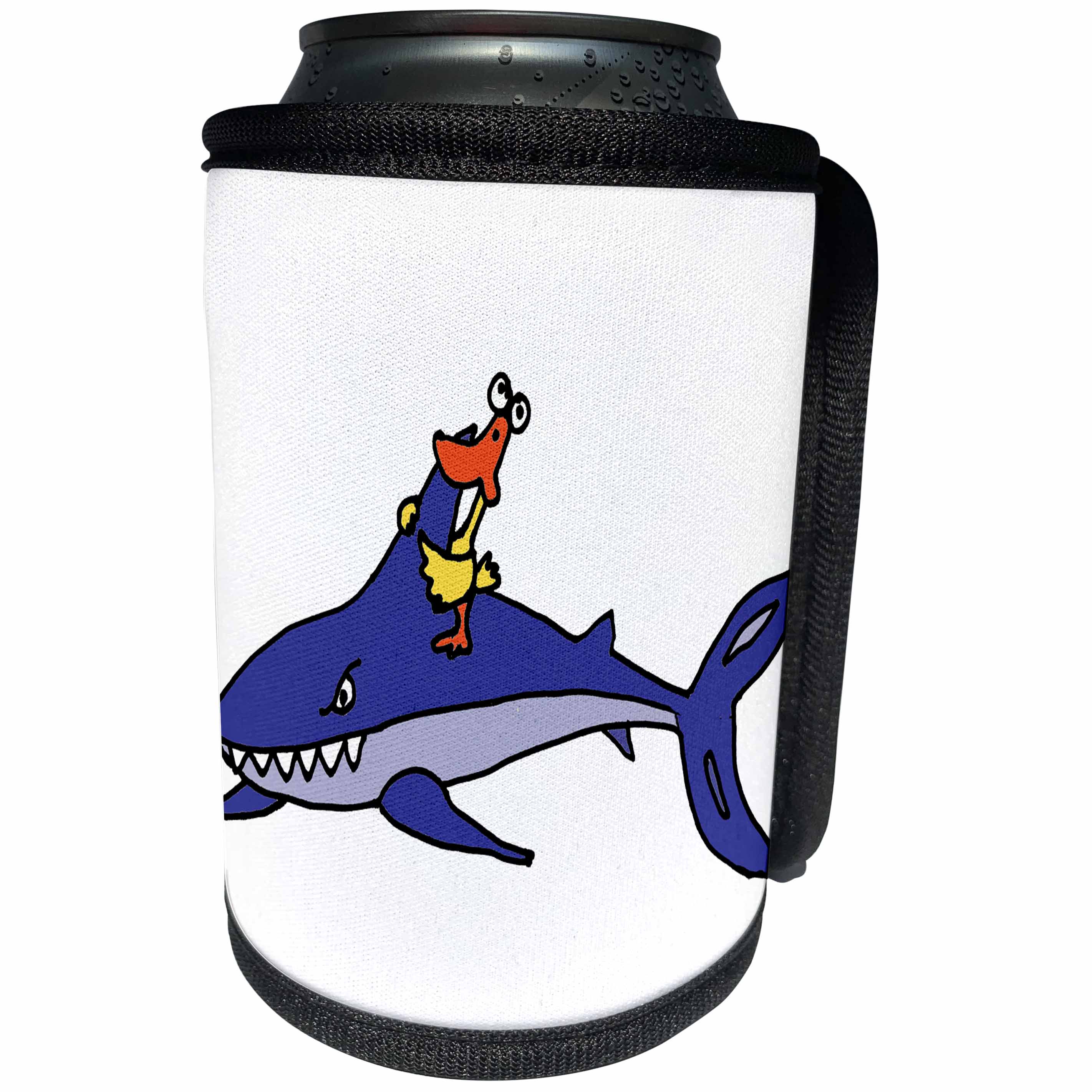 3dRose All Smiles Art at the Beach - Funny Yellow Duck Riding on Shark Beach Cartoon - Can Cooler Bottle Wrap (cc_243481)