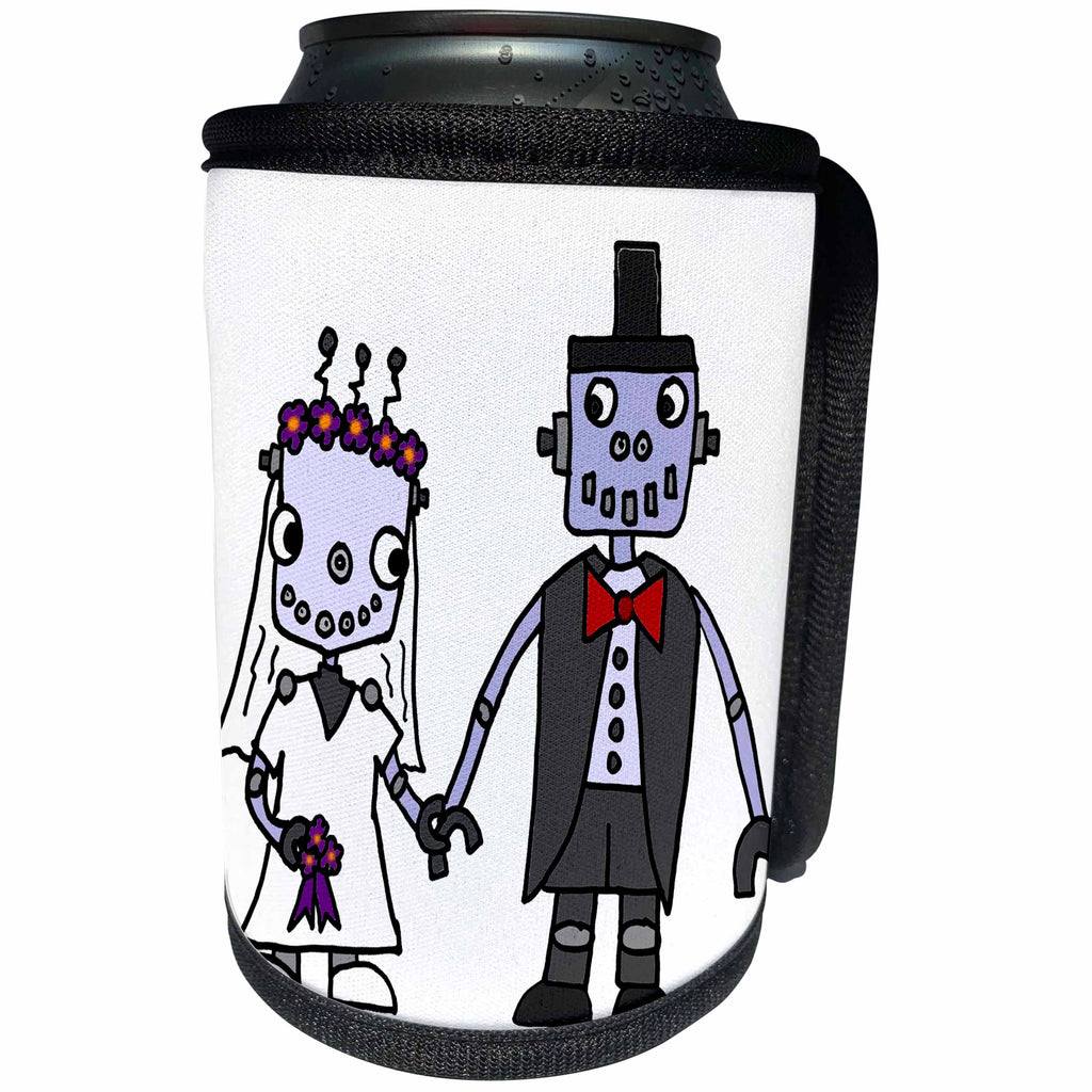 3dRose All Smiles Art Love - Funny Cool Robot Bride and Groom Wedding Cartoon - Can Cooler Bottle Wrap (cc_243486)