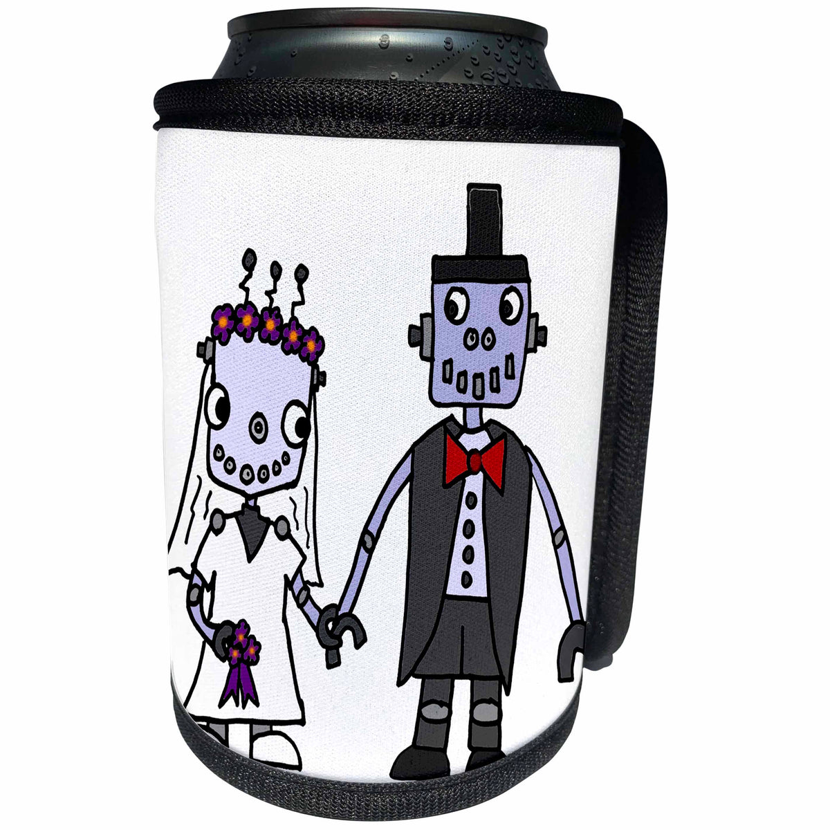 3dRose All Smiles Art Love - Funny Cool Robot Bride and Groom Wedding Cartoon - Can Cooler Bottle Wrap (cc_243486)