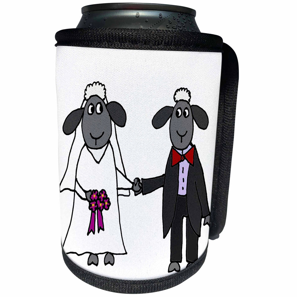 3dRose All Smiles Art Love - Funny Sheep Bride and Groom Wedding Cartoon - Can Cooler Bottle Wrap (cc_243501)