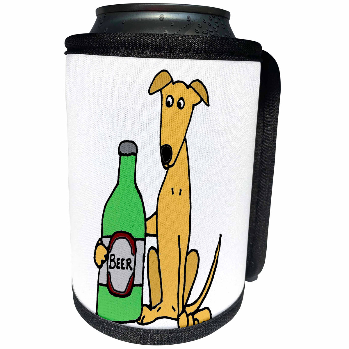 3dRose All Smiles Art Pets - Cool Funny Greyhound Puppy Dog with Big Beer Bottle - Can Cooler Bottle Wrap (cc_243502)