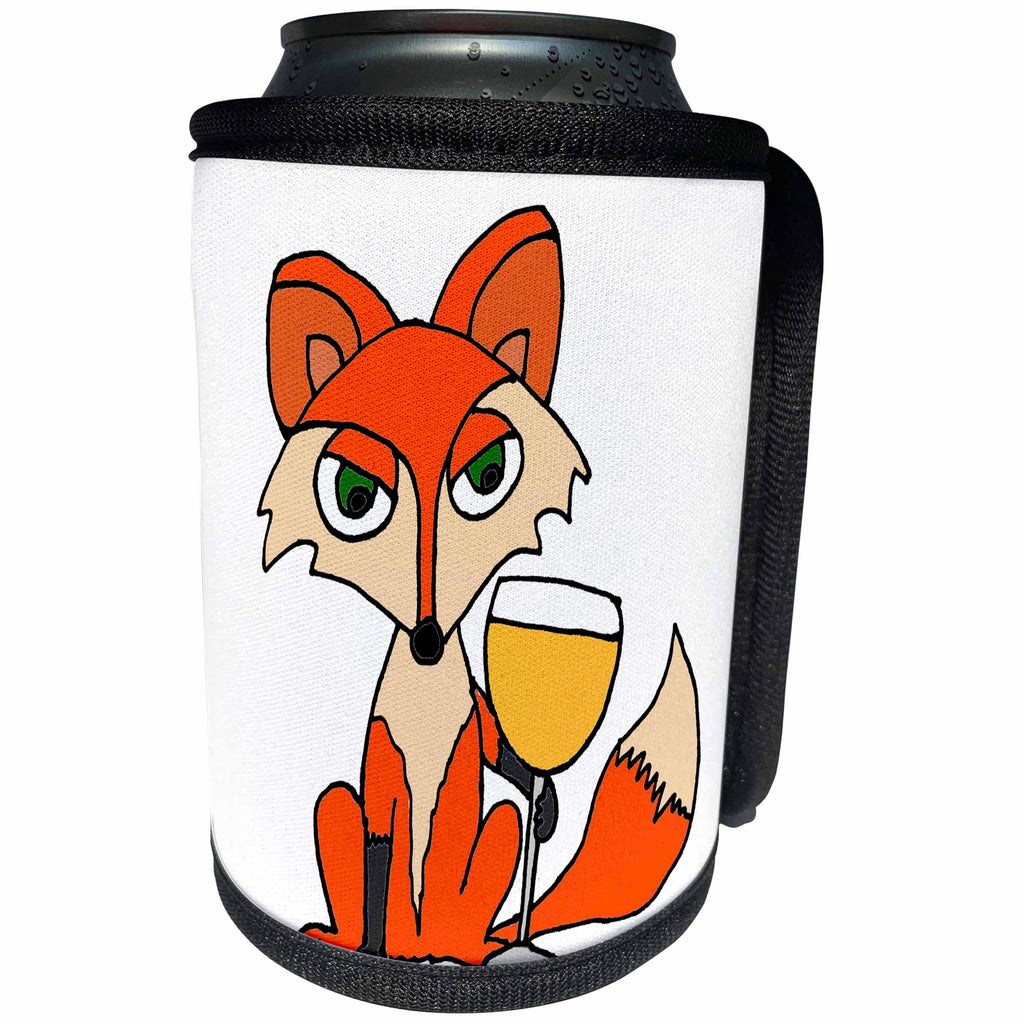 3dRose All Smiles Art Food and Drinks - Funny Foxy Red Fox Drinking Glass of White Wine - Can Cooler Bottle Wrap (cc_243505)