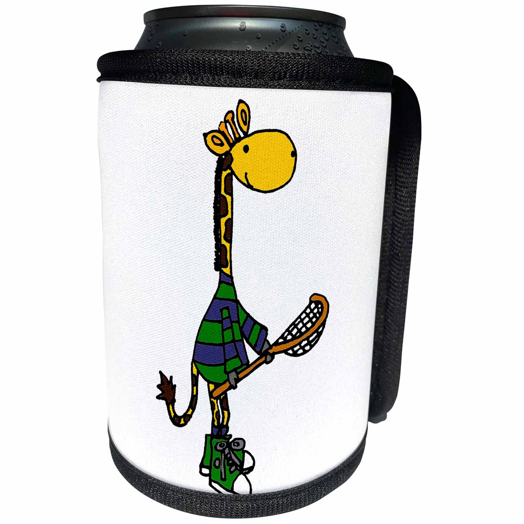 3dRose All Smiles Art Sports and Hobbies - Funny Giraffe Holding Lacrosse Stick - Can Cooler Bottle Wrap (cc_243509)