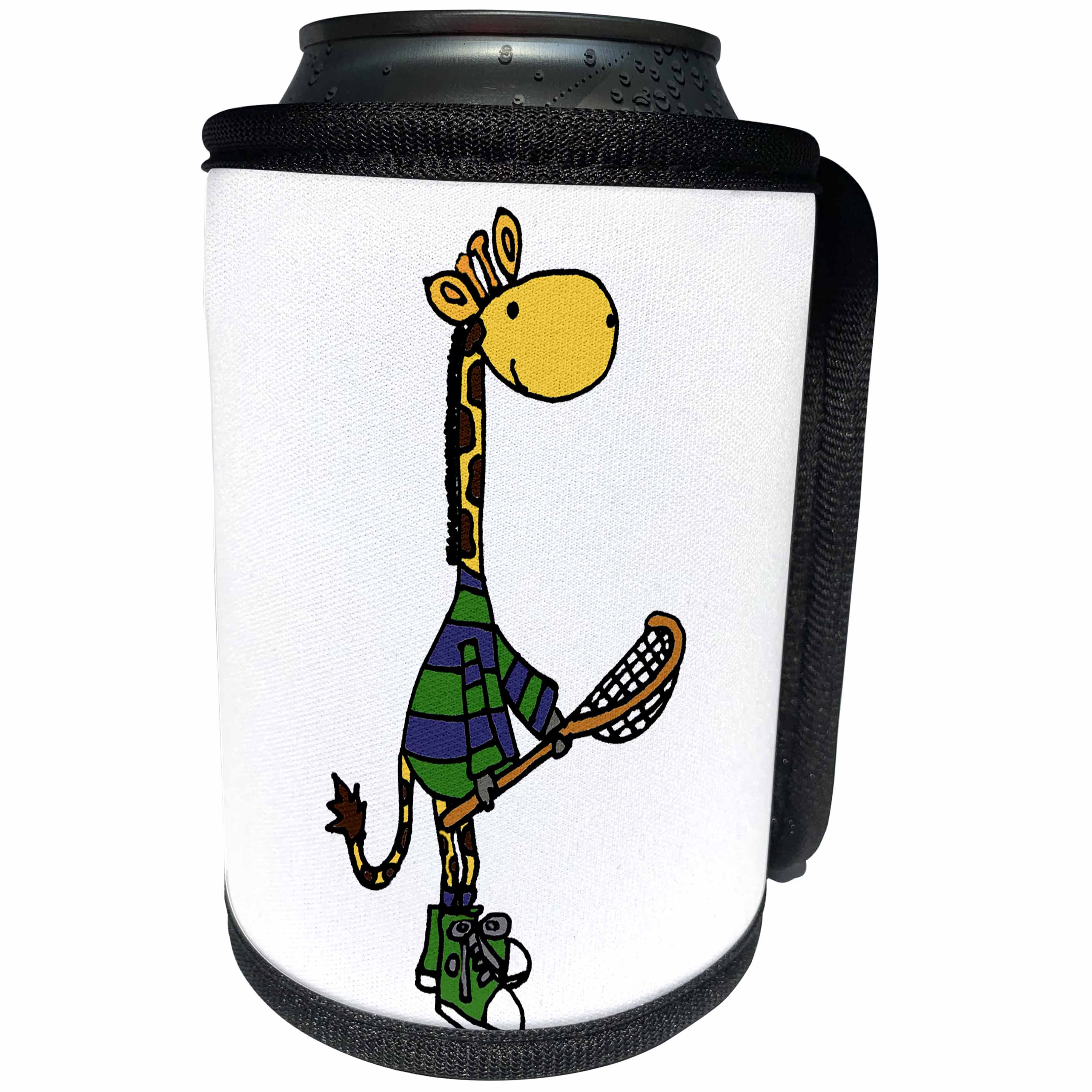 3dRose All Smiles Art Sports and Hobbies - Funny Giraffe Holding Lacrosse Stick - Can Cooler Bottle Wrap (cc_243509)
