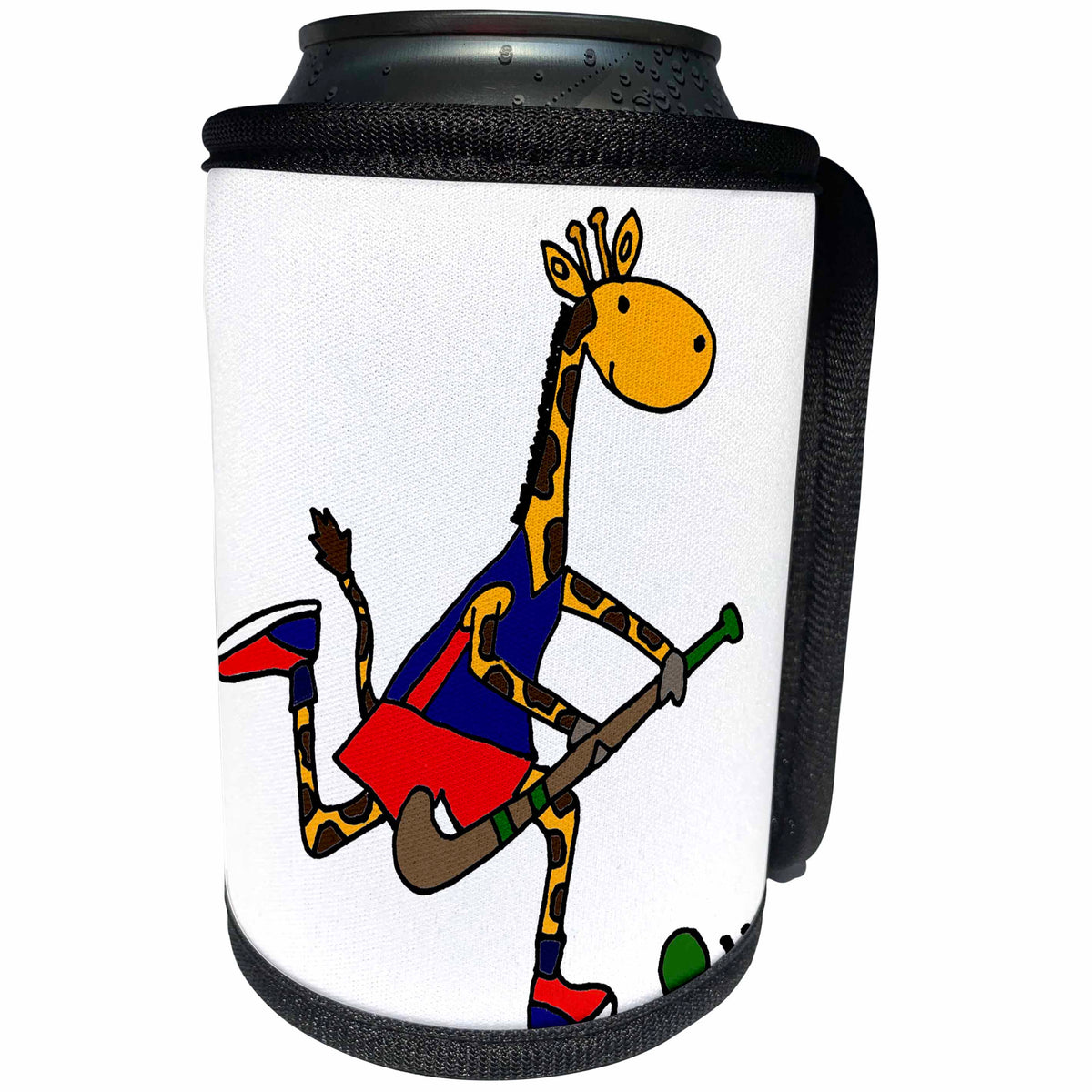 3dRose All Smiles Art Sports and Hobbies - Funny Giraffe Playing Field Hockey - Can Cooler Bottle Wrap (cc_243513)