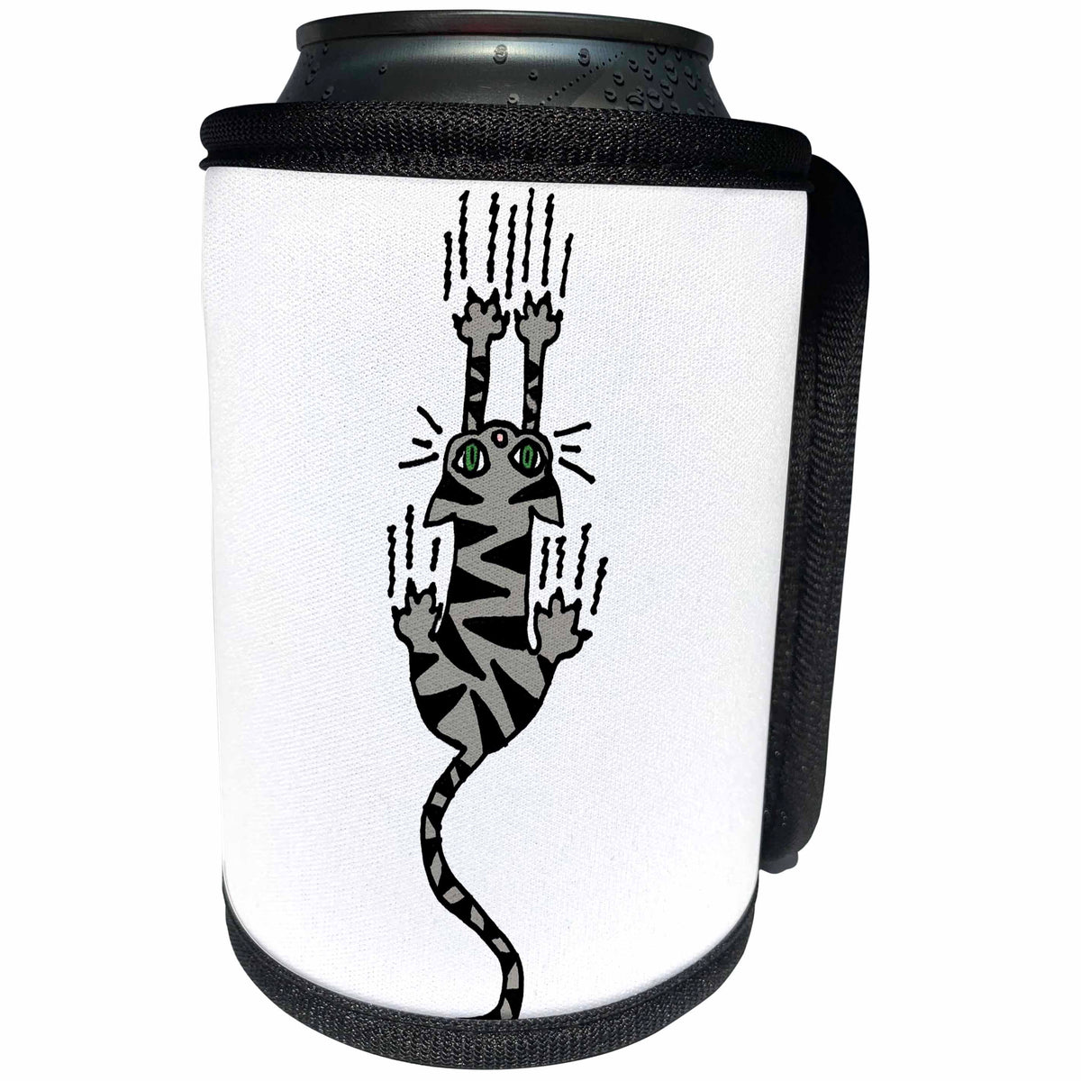 3dRose All Smiles Art Pets - Funny Grey Tiger Cat Raking Claws Trying to gain Hold - Can Cooler Bottle Wrap (cc_243517)