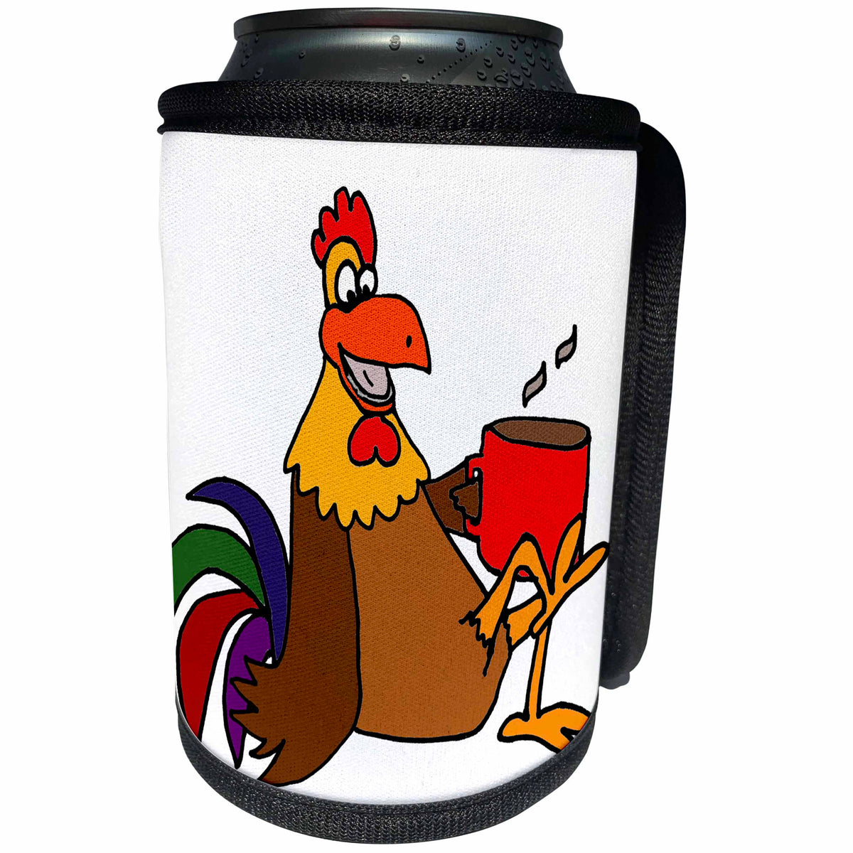 3dRose All Smiles Art Food and Drinks - Funny Colorful Rooster is Drinking his Morning Coffee - Can Cooler Bottle Wrap (cc_243518)