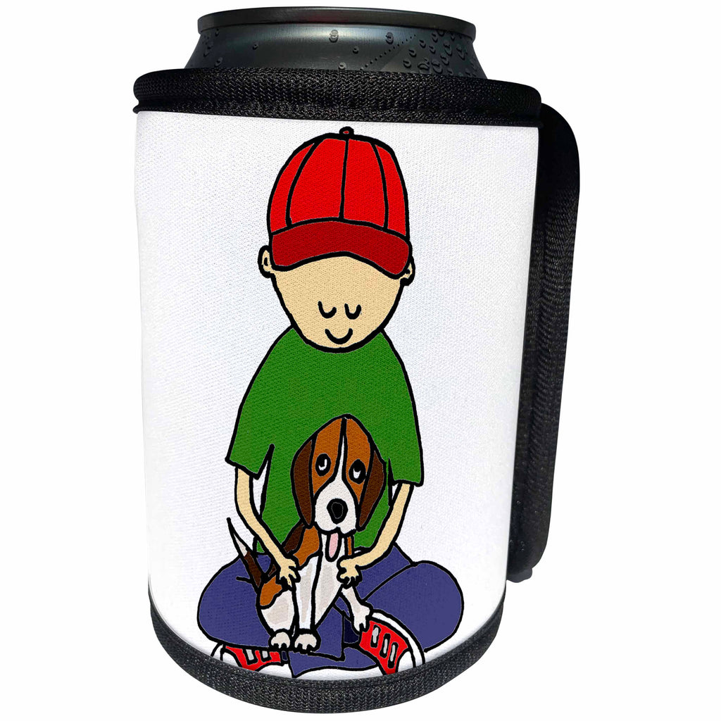3dRose All Smiles Art Pets - Funny Adorable Little Boy Hugging Beagle Puppy Dog Cartoon - Can Cooler Bottle Wrap (cc_243522)