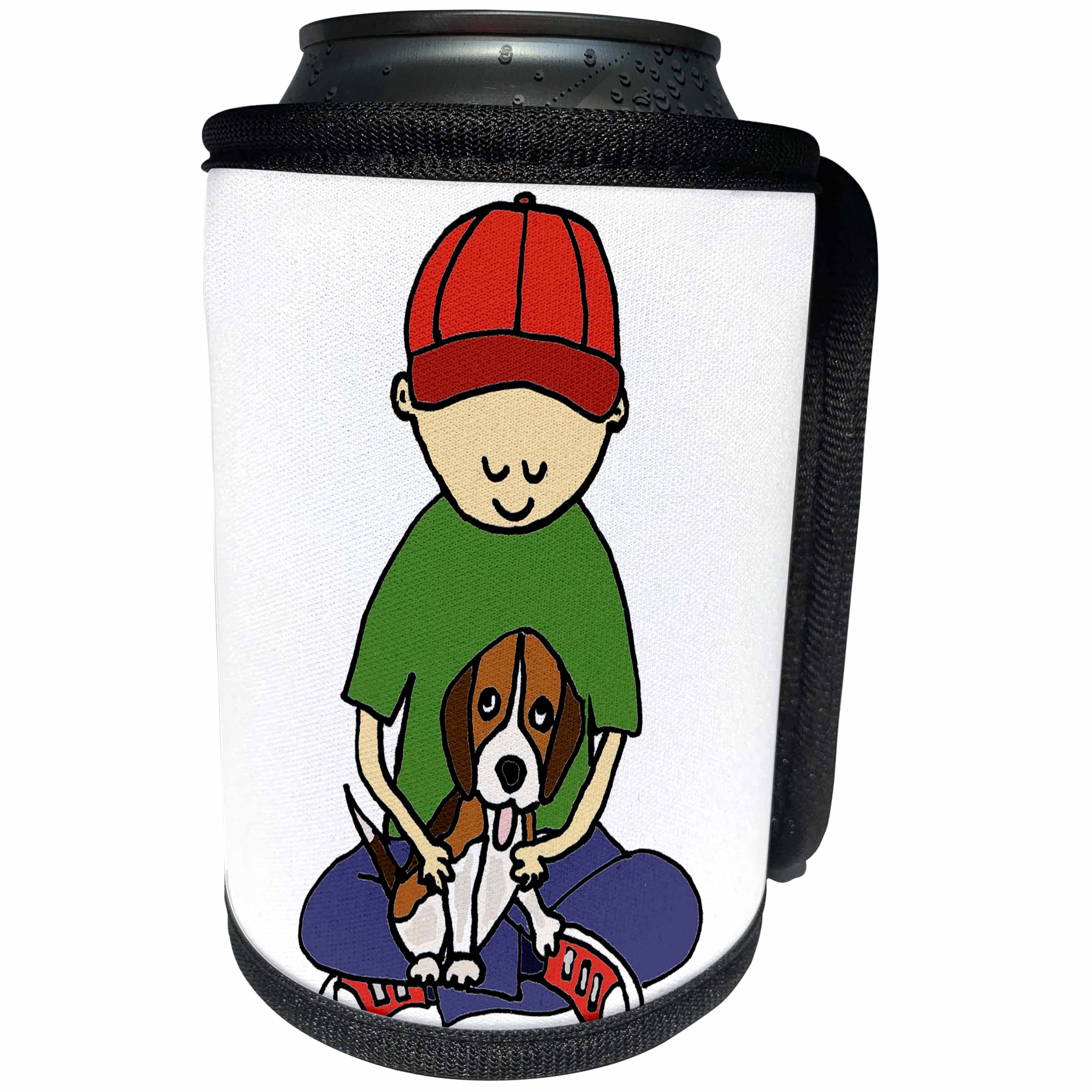3dRose All Smiles Art Pets - Funny Adorable Little Boy Hugging Beagle Puppy Dog Cartoon - Can Cooler Bottle Wrap (cc_243522)