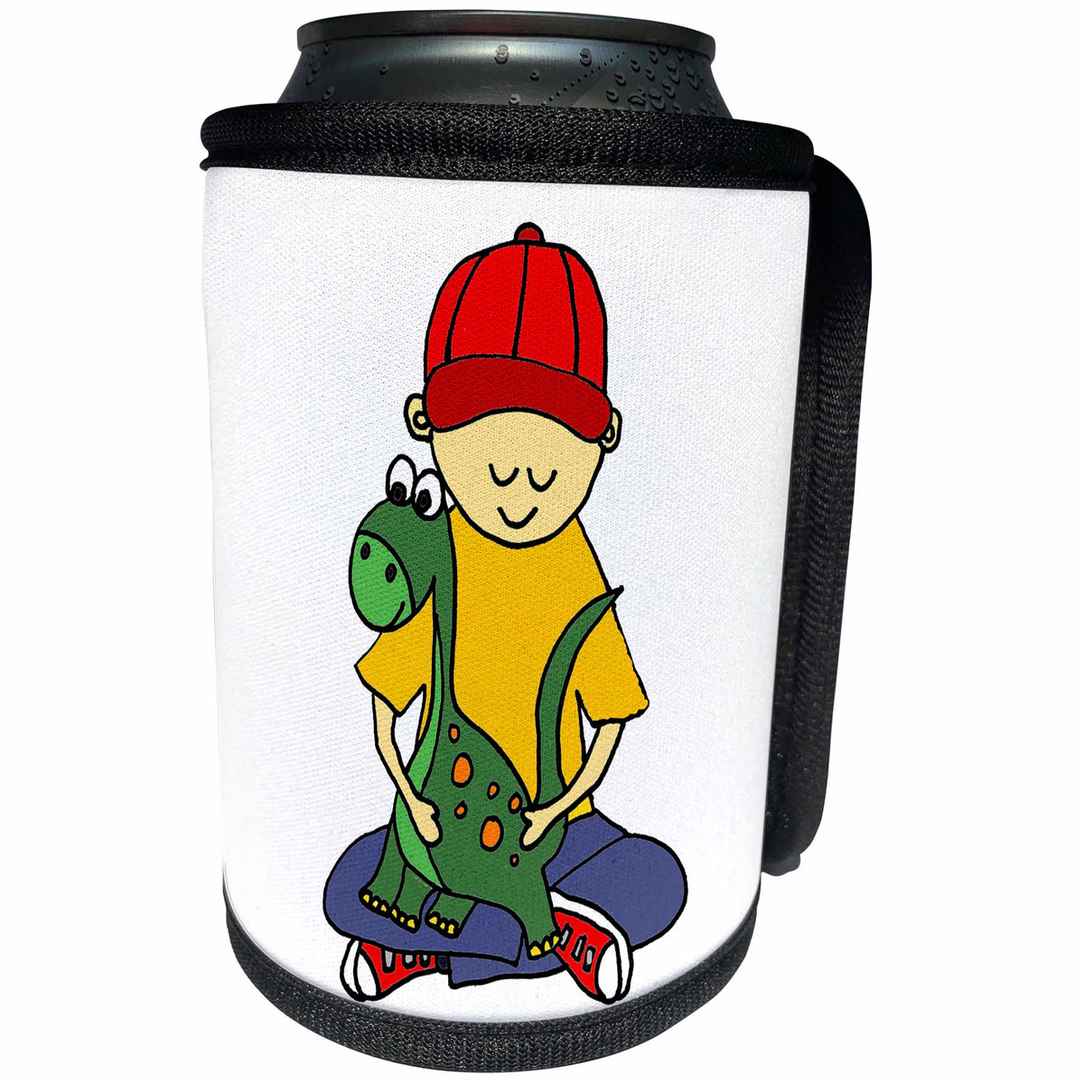 3dRose All Smiles Art Dinosaurs - Adorable Funny Little Boy is Hugging his Pet Baby Dinosaur - Can Cooler Bottle Wrap (cc_243524)