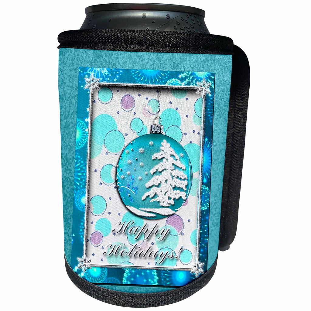 3dRose Beverly Turner Christmas Design - Aqua Snow Tree Ornament Happy Holidays - Can Cooler Bottle Wrap (cc_24353)