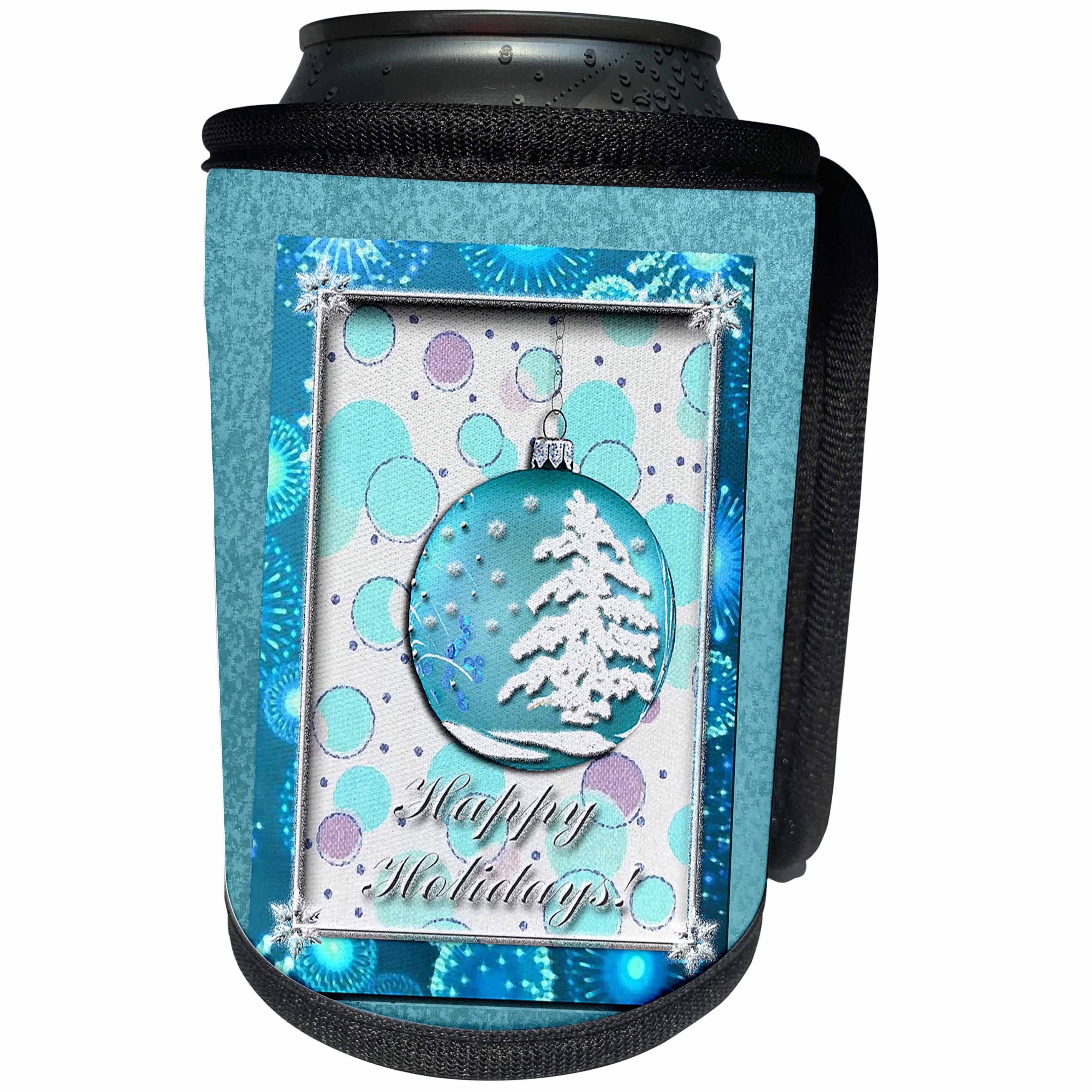 3dRose Beverly Turner Christmas Design - Aqua Snow Tree Ornament Happy Holidays - Can Cooler Bottle Wrap (cc_24353)