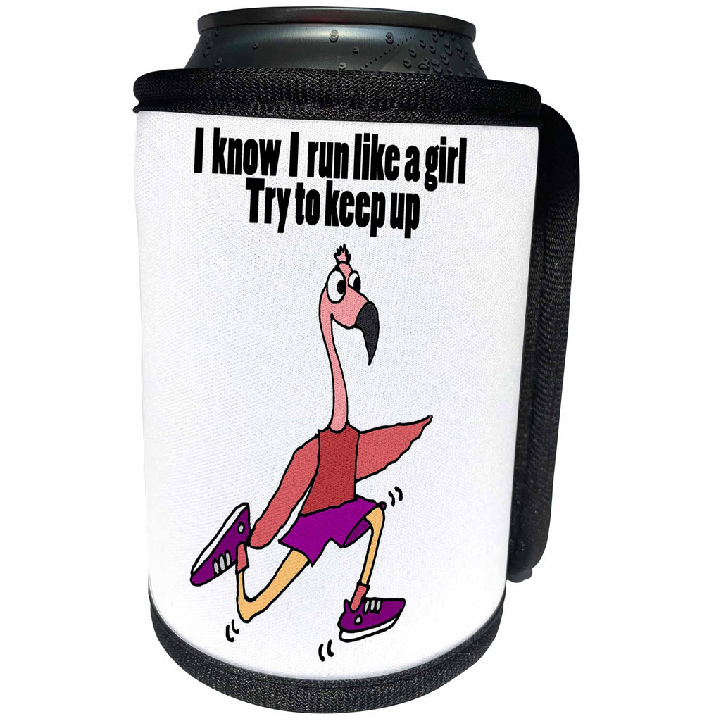 3dRose All Smiles Art Sports and Hobbies - Funny Pink Flamingo Running Like a Girl - Can Cooler Bottle Wrap (cc_243532)