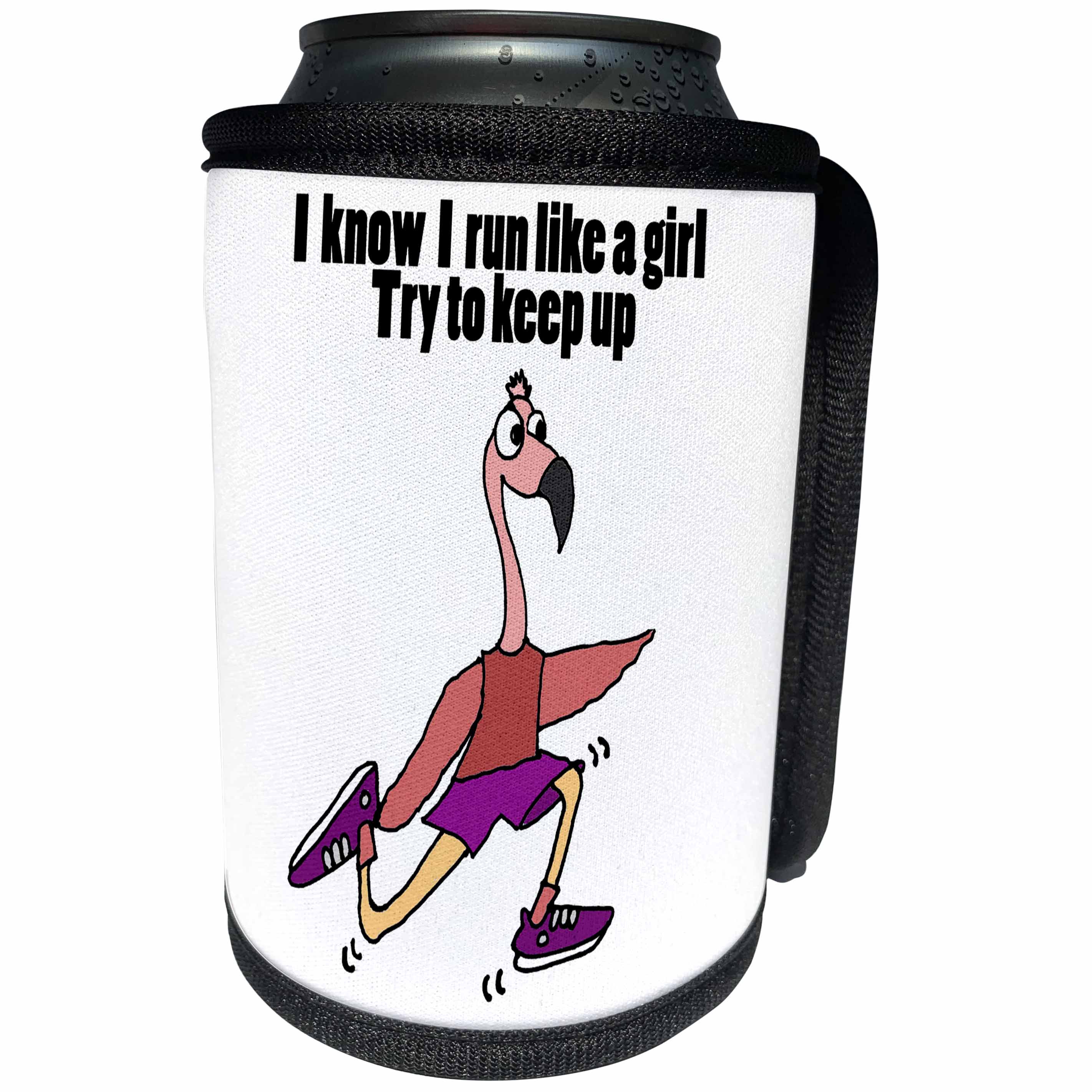 3dRose All Smiles Art Sports and Hobbies - Funny Pink Flamingo Running Like a Girl - Can Cooler Bottle Wrap (cc_243532)