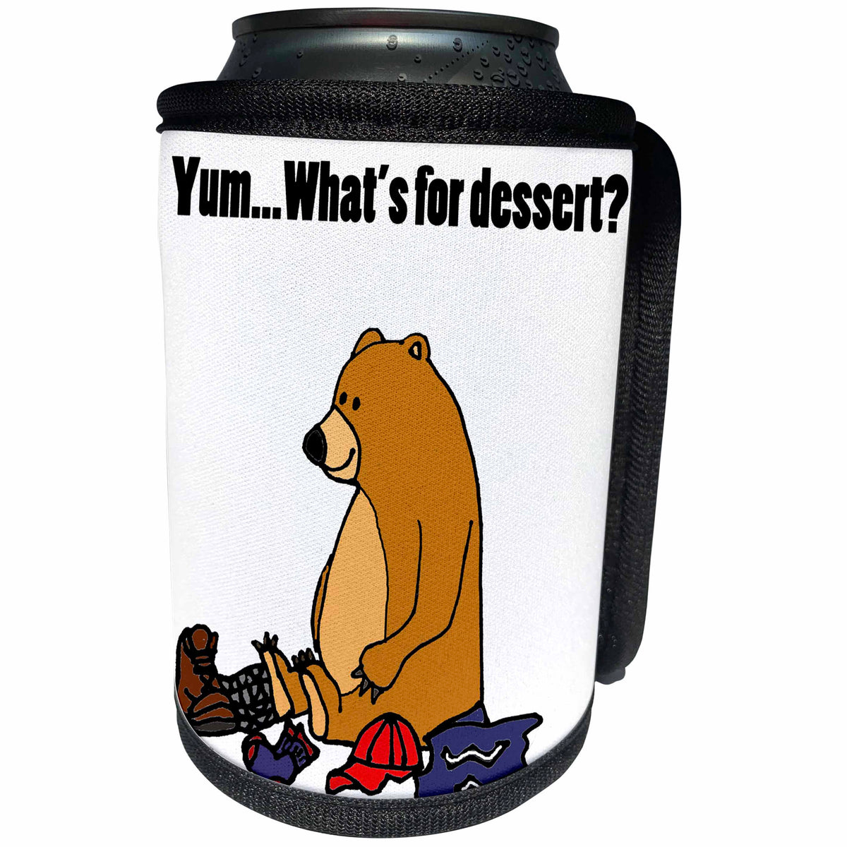 3dRose All Smiles Art Funny - Funny Brown Bear with Hiker Clothes asks about Dessert - Can Cooler Bottle Wrap (cc_243533)