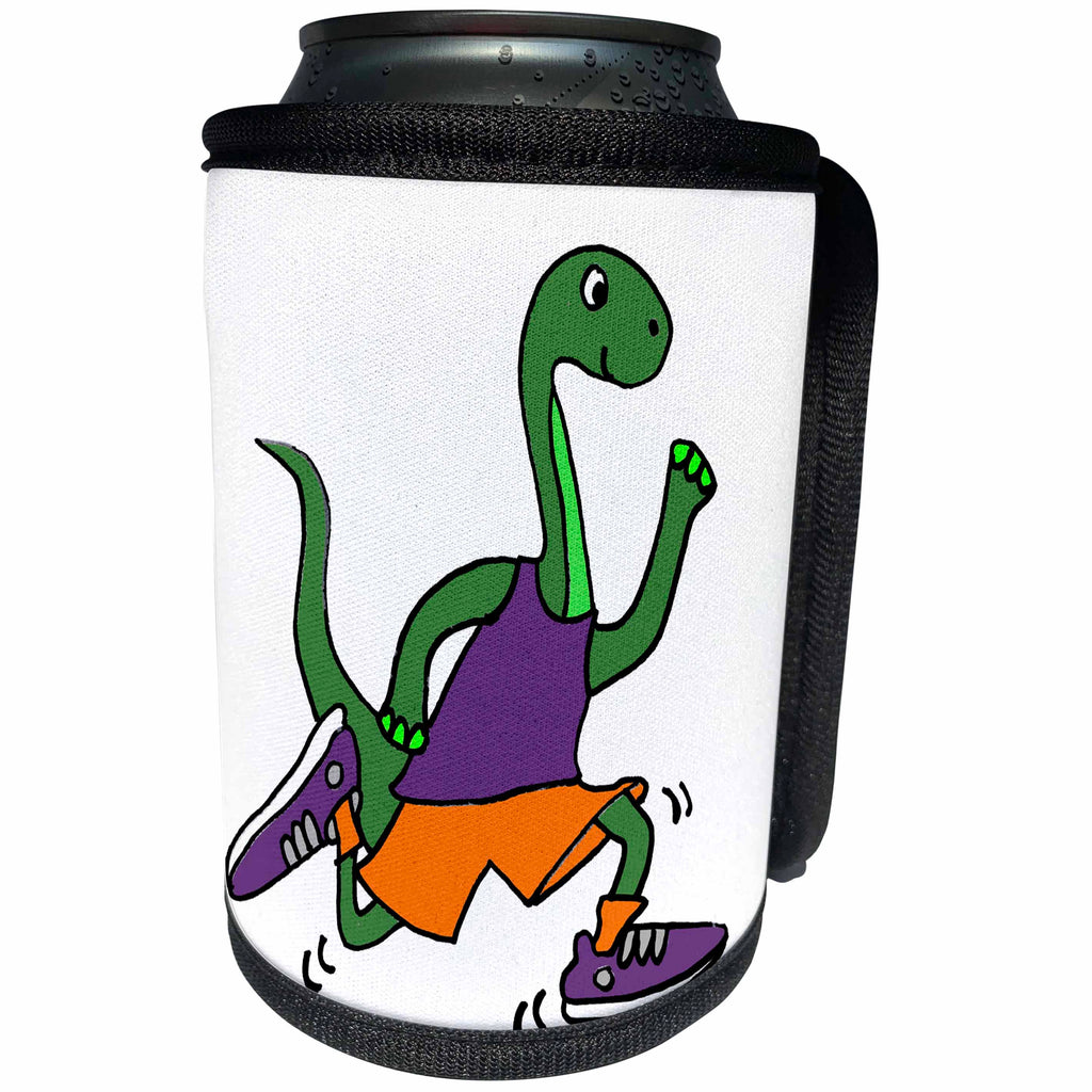 Can Cooler Bottle Wrap - All Smiles Art Sports and Hobbies - Funny Cute Brontosaurus Jogging in Purple Tank Top and Shoes