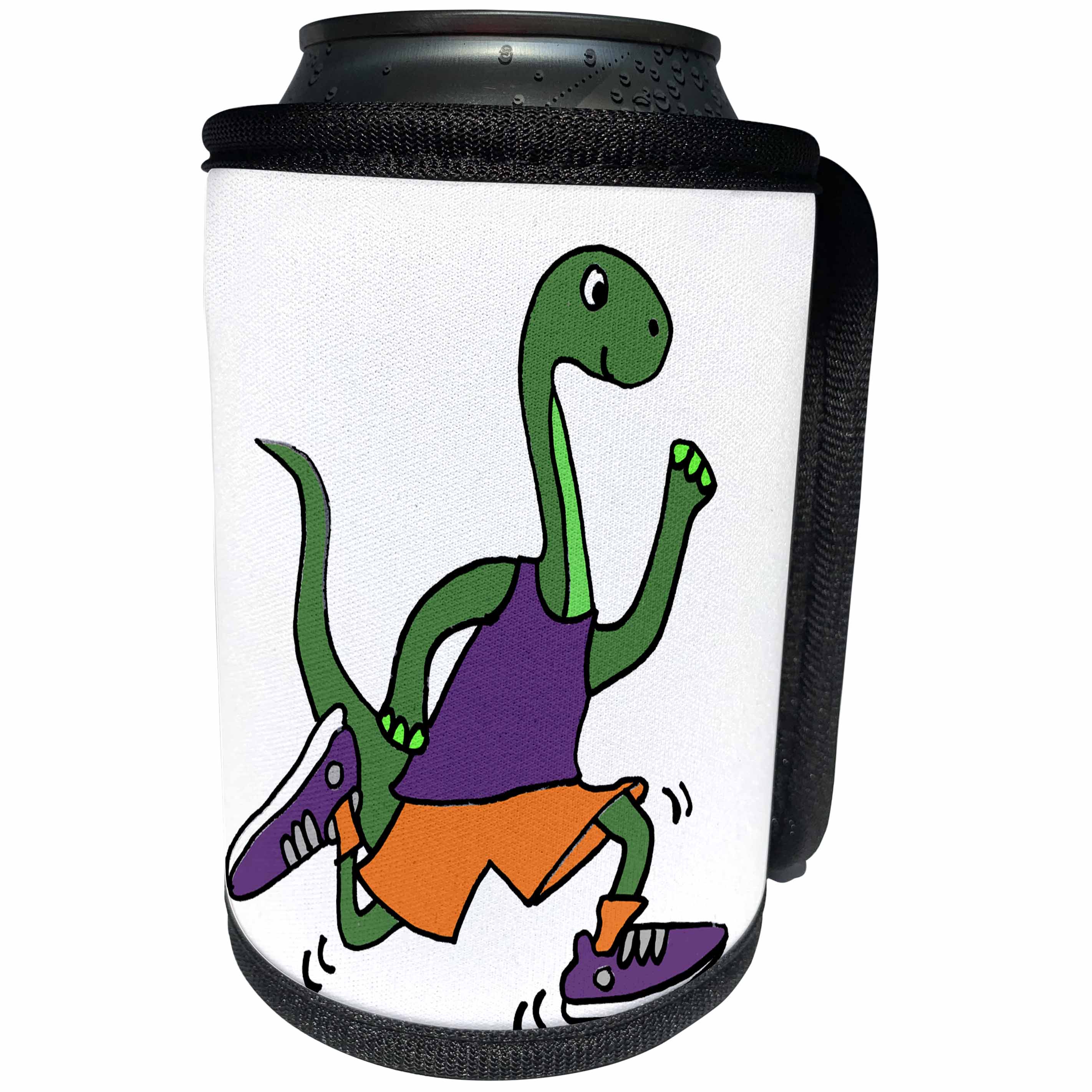 Can Cooler Bottle Wrap - All Smiles Art Sports and Hobbies - Funny Cute Brontosaurus Jogging in Purple Tank Top and Shoes